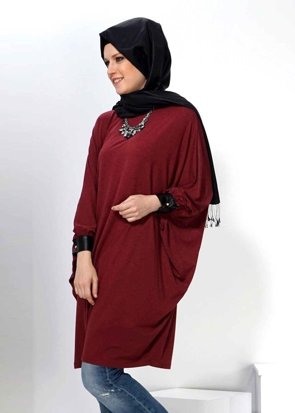 Tesettür giyim BORDO YARASA KOL TUNİK 4433
