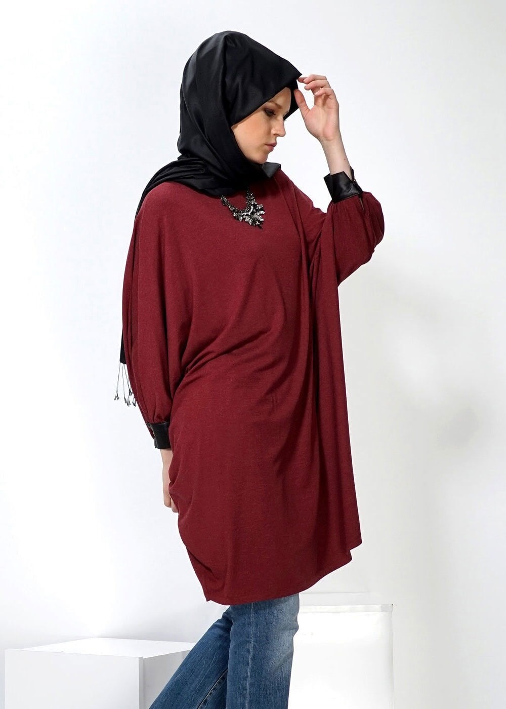 Tesettür giyim BORDO YARASA KOL TUNİK 4433
