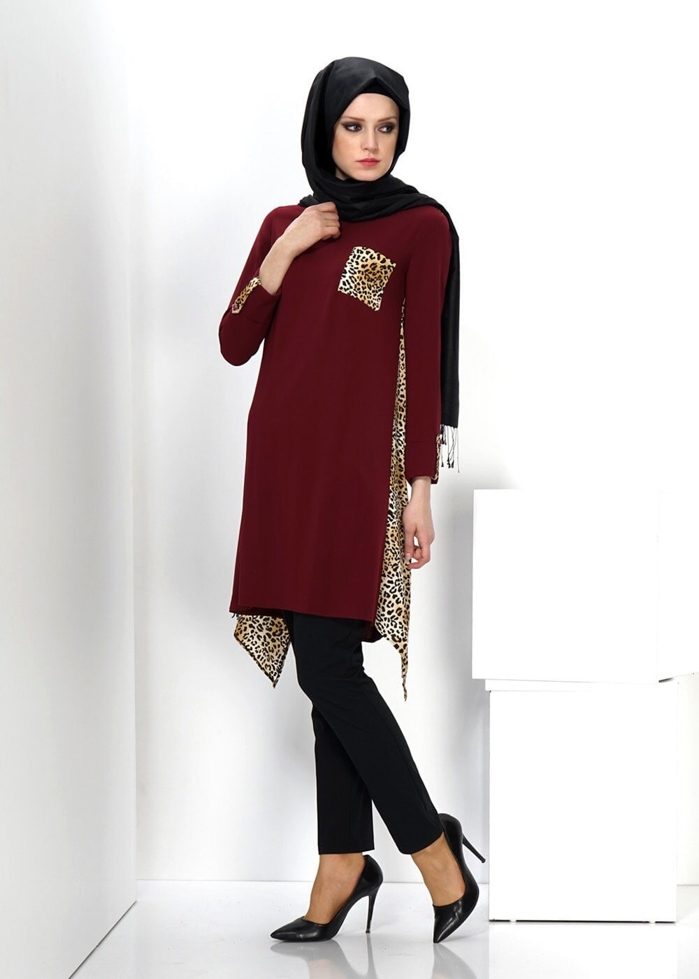 Tesettür giyim BORDO  LEOPAR DESENLİ TUNİK 4448