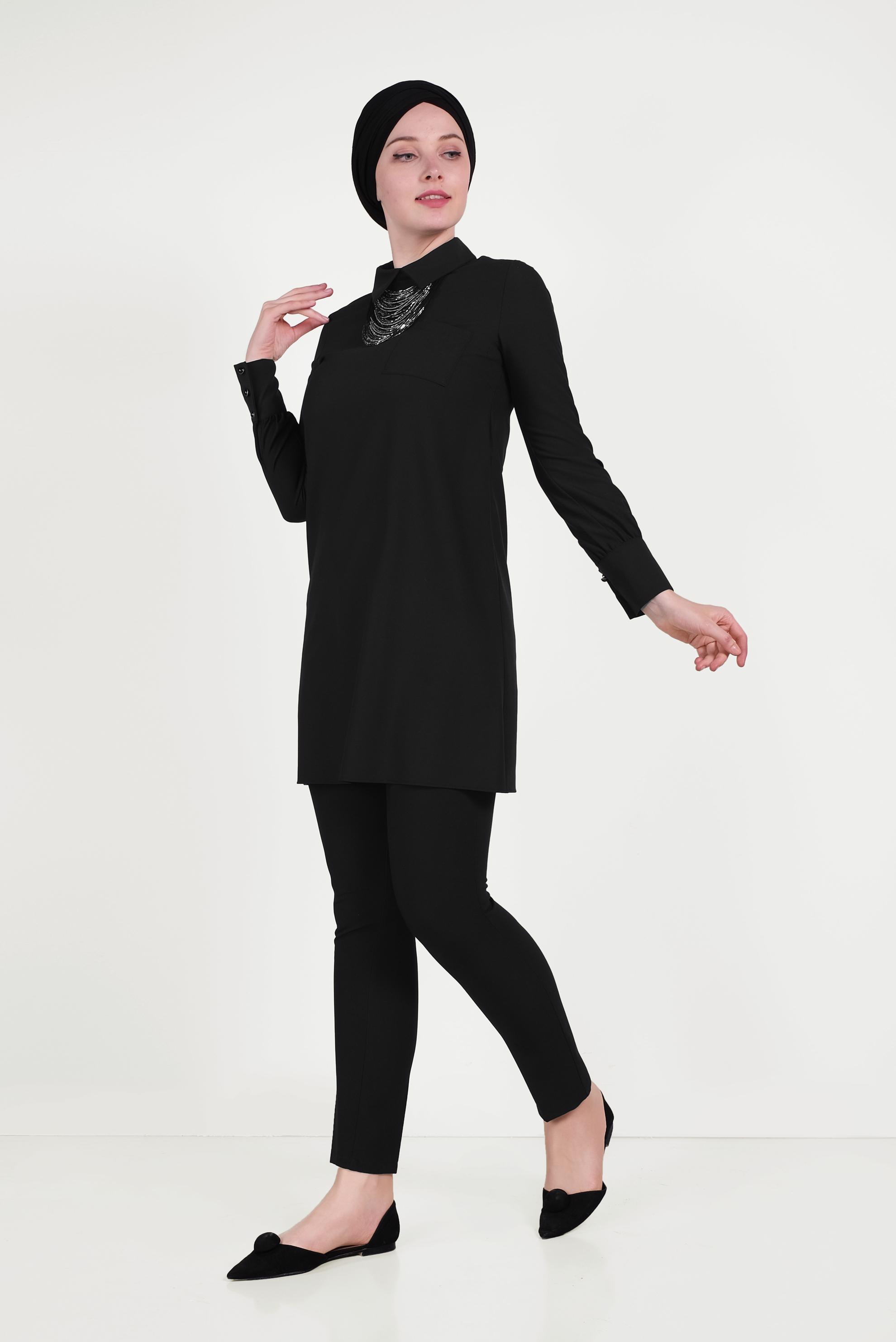 Tesettür giyim SİYAH GÖMLEK YAKA TUNİK 4451 