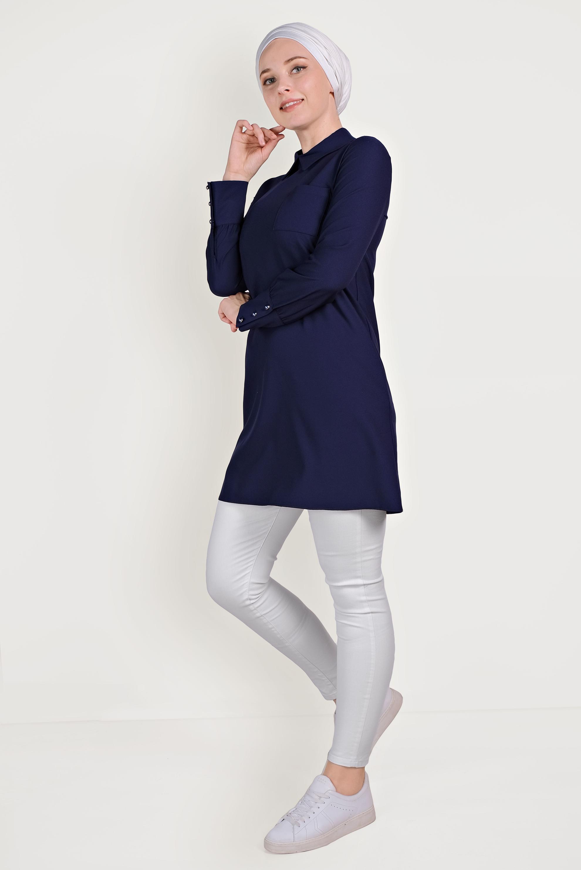 Tesettür giyim LACİVERT GÖMLEK YAKA TUNİK 4451 