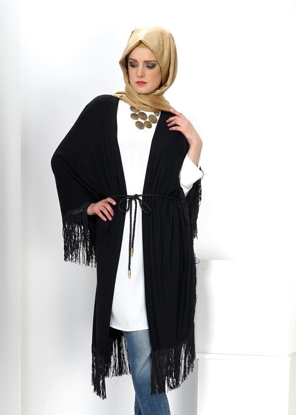 Tesettür giyim SİYAH SAÇAKLI TUNİK 4452