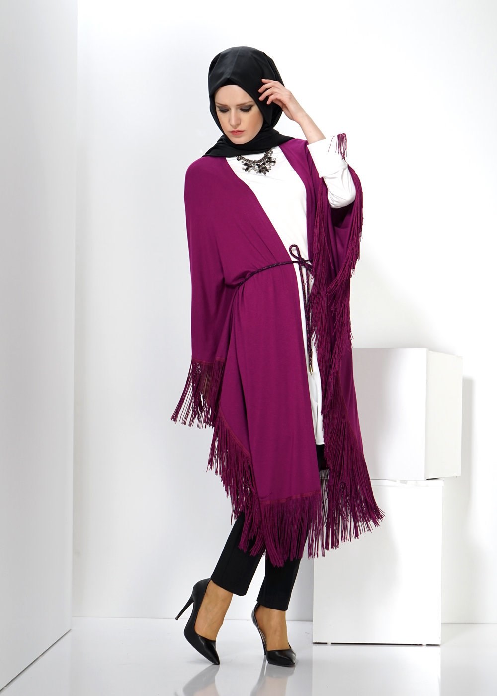 Tesettür giyim FUŞYA SAÇAKLI TUNİK 4452
