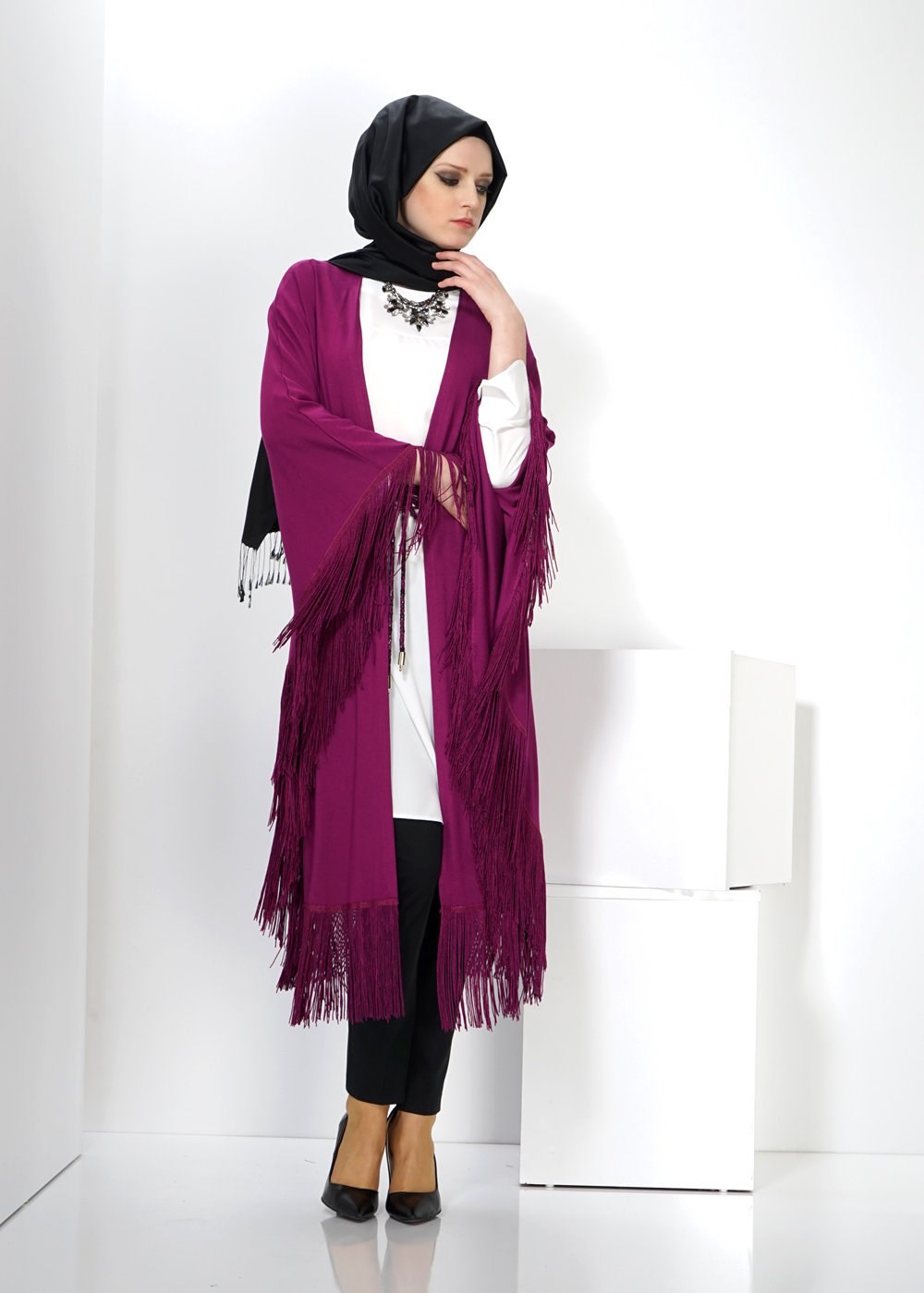 Tesettür giyim FUŞYA SAÇAKLI TUNİK 4452