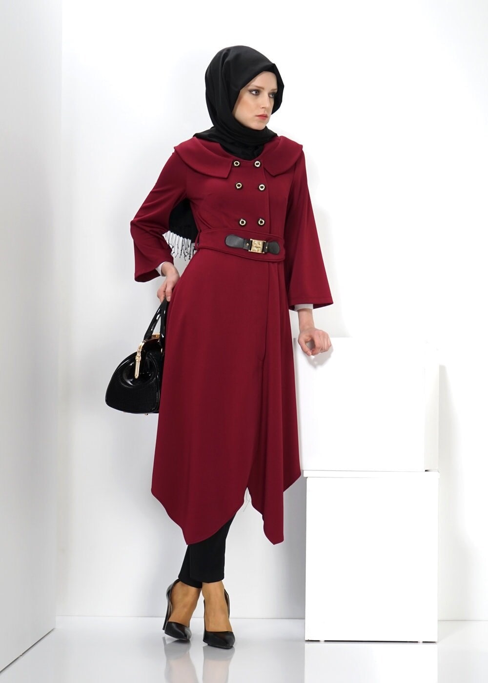 Tesettür giyim BORDO ASİMETRİK KESİM DÜĞMELİ TUNİK 4453  