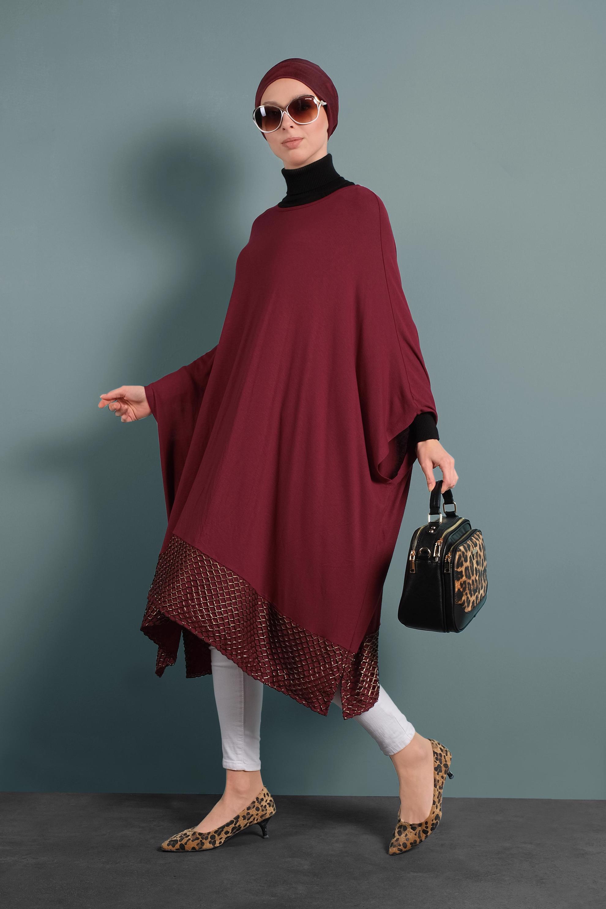 Tesettür giyim BORDO YARASA KOL TUNİK 4483