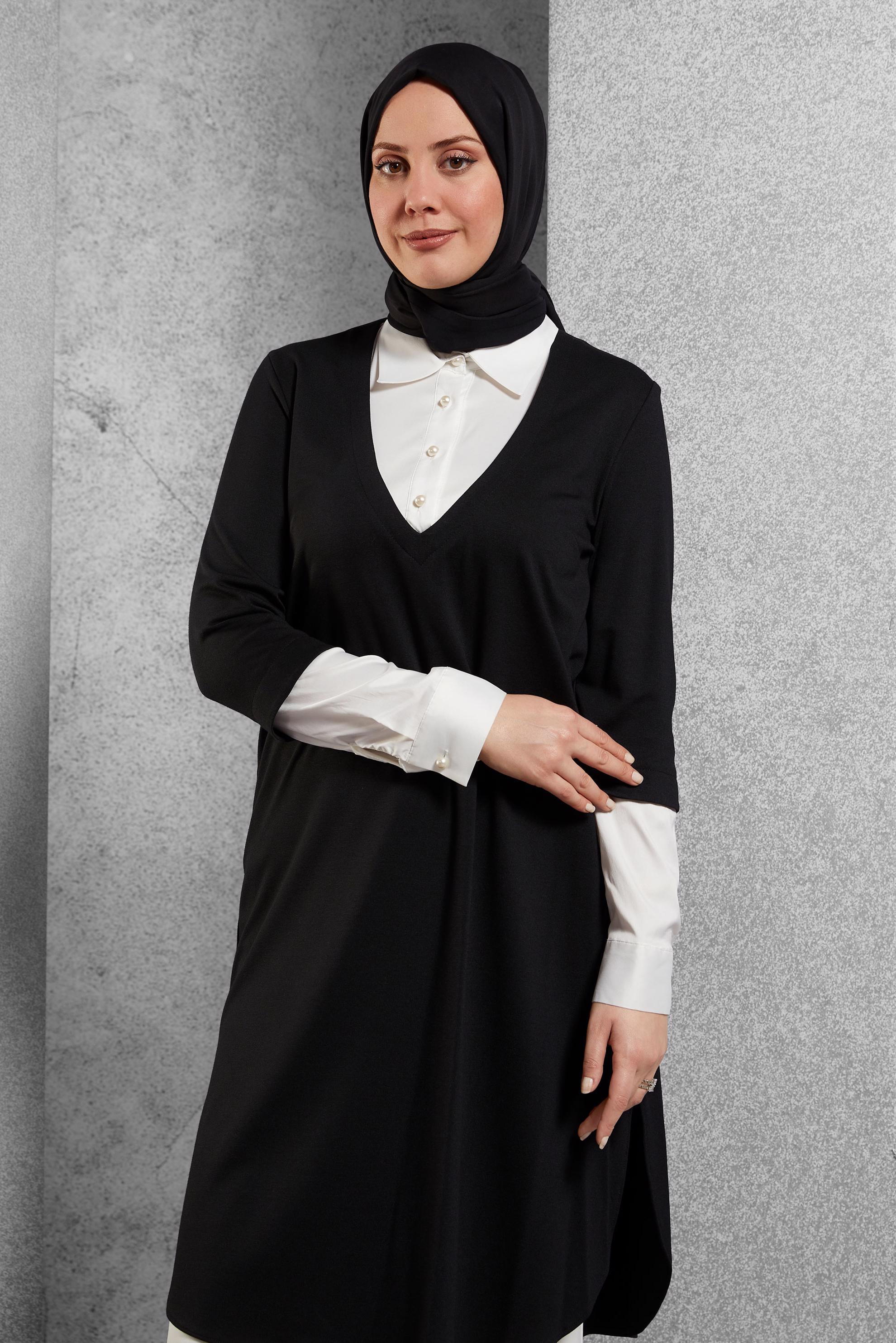 Tesettür giyim SİYAH GÖMLEK YAKA TUNİK 4484