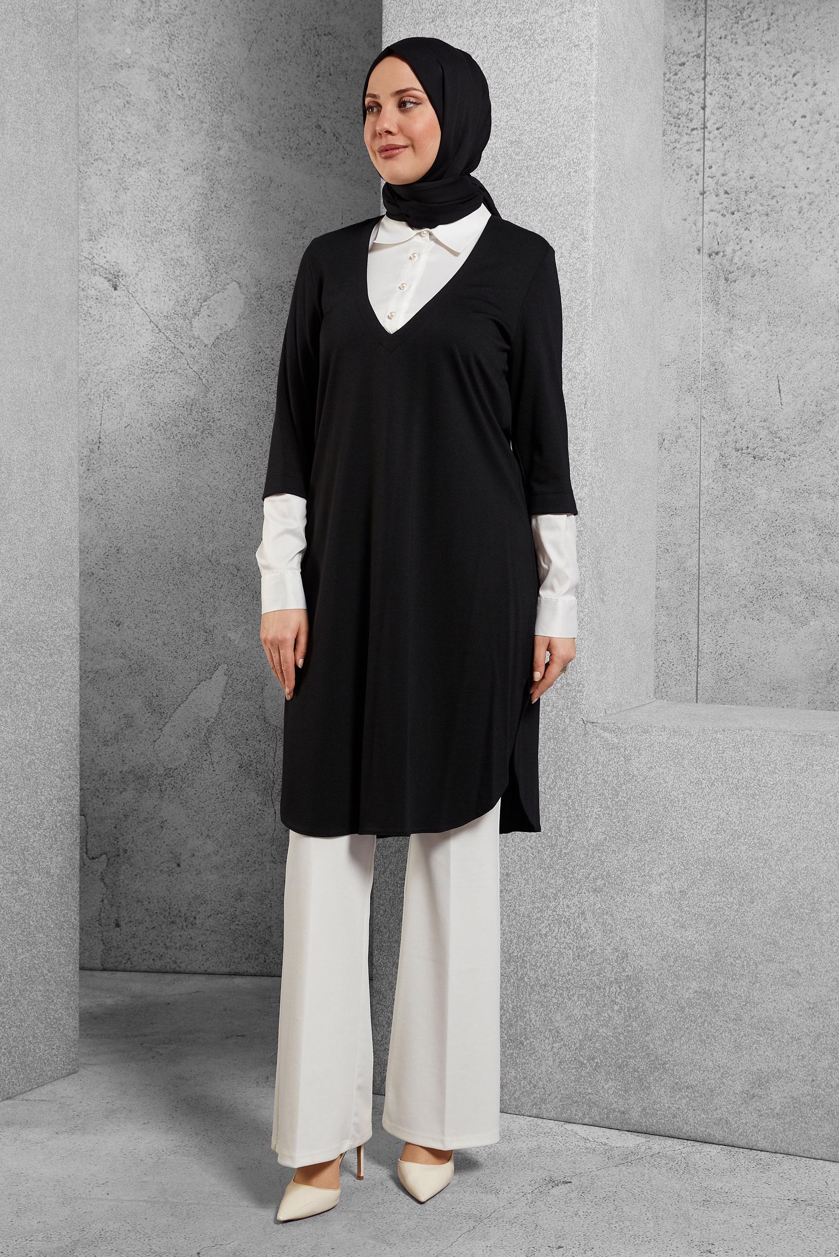 Tesettür giyim SİYAH GÖMLEK YAKA TUNİK 4484