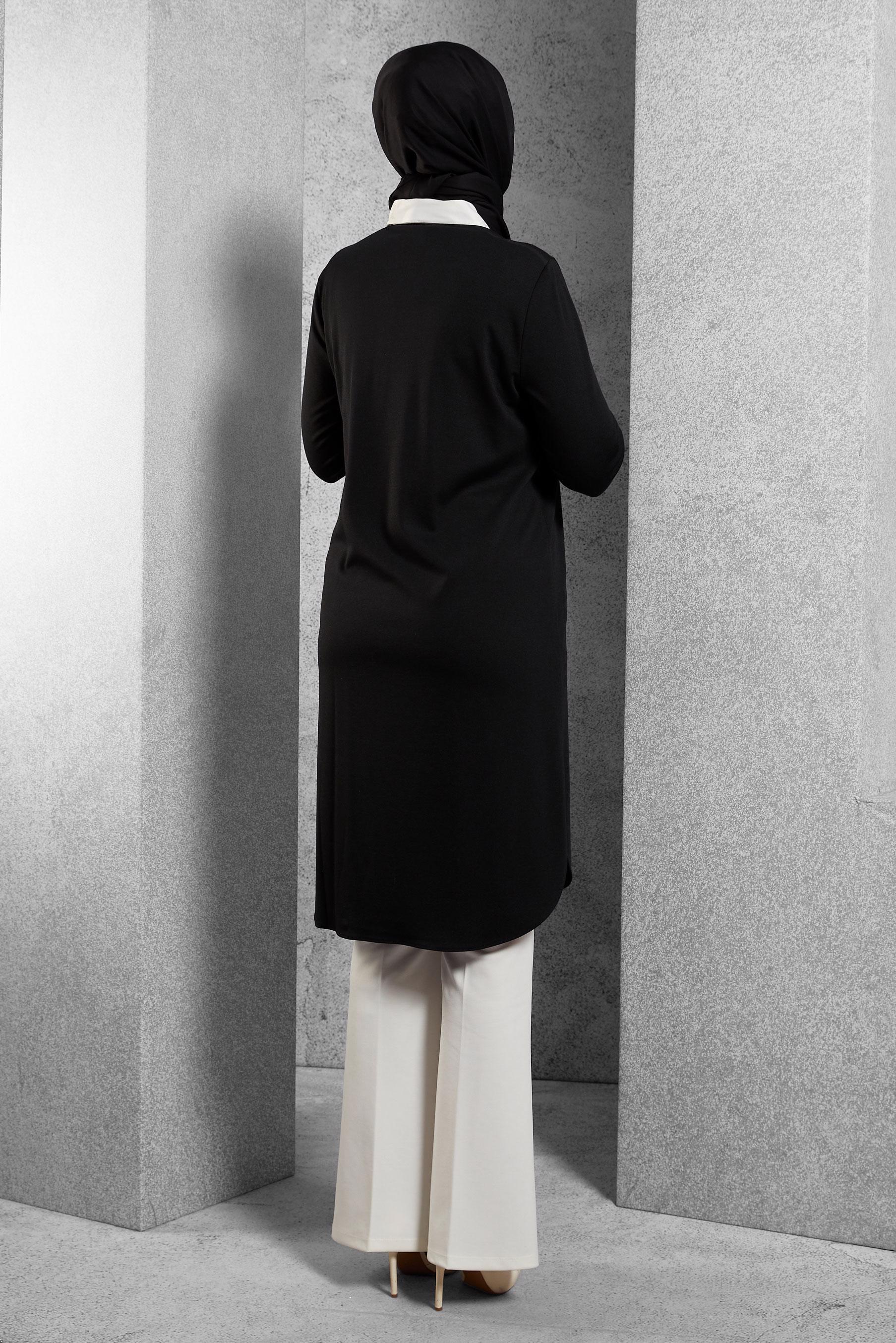 Tesettür giyim SİYAH GÖMLEK YAKA TUNİK 4484