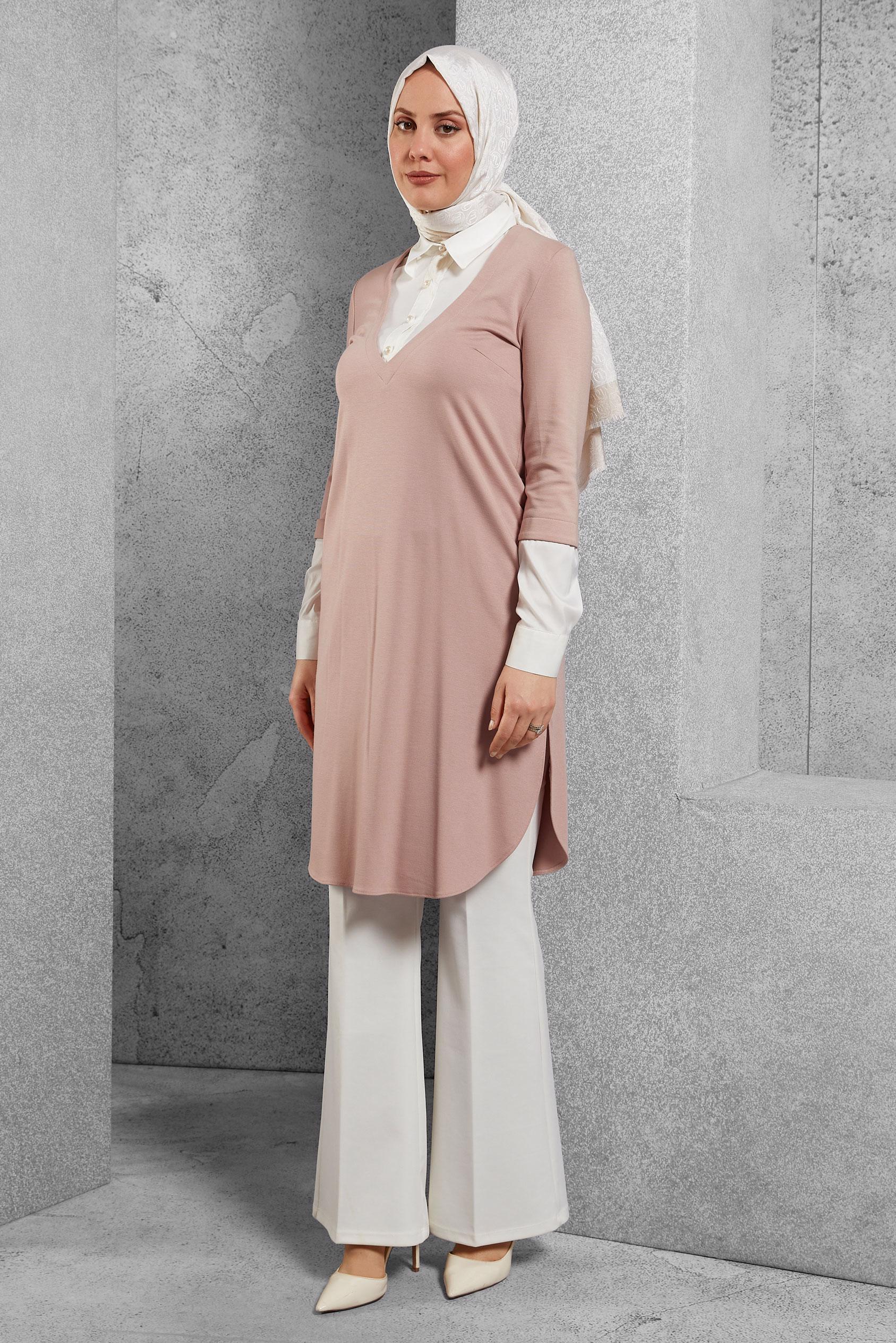 Tesettür giyim PUDRA GÖMLEK YAKA TUNİK 4484