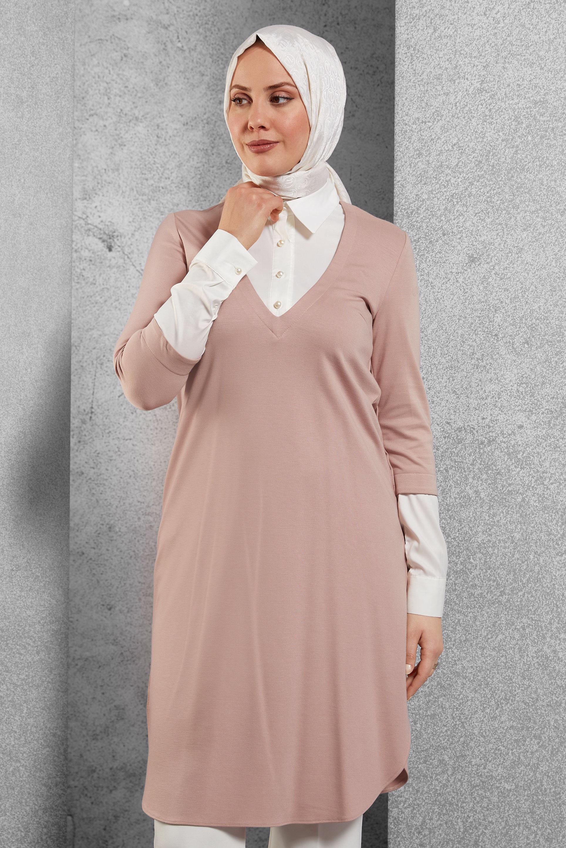 Tesettür giyim PUDRA GÖMLEK YAKA TUNİK 4484