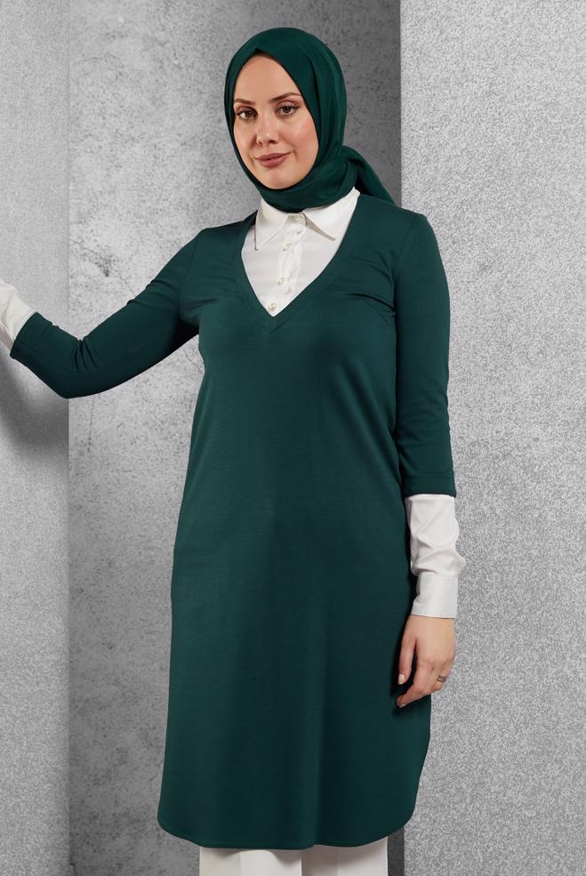 Tesettür giyim YEŞİL GÖMLEK YAKA TUNİK 4484 - ALVİNA