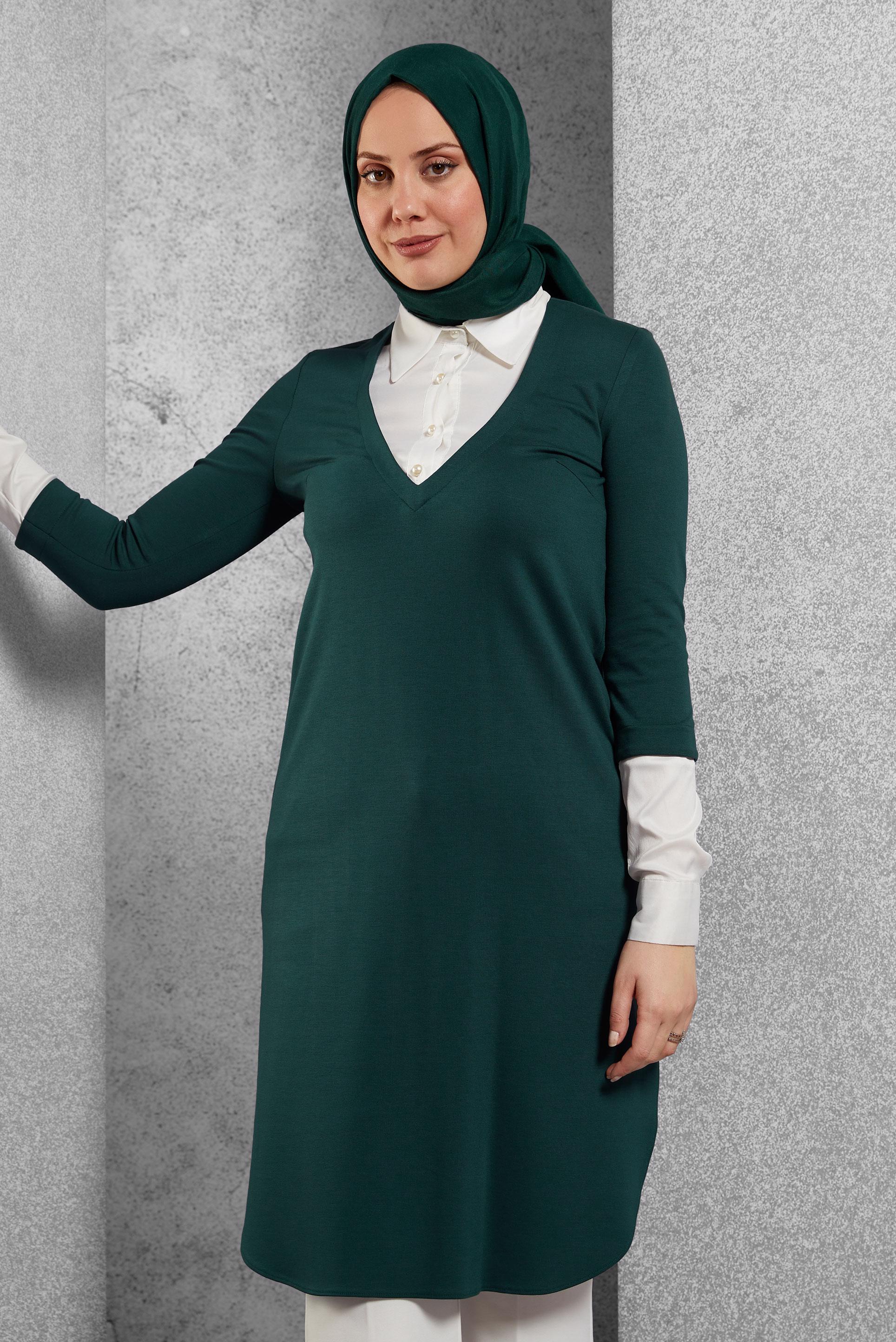 Tesettür giyim YEŞİL GÖMLEK YAKA TUNİK 4484