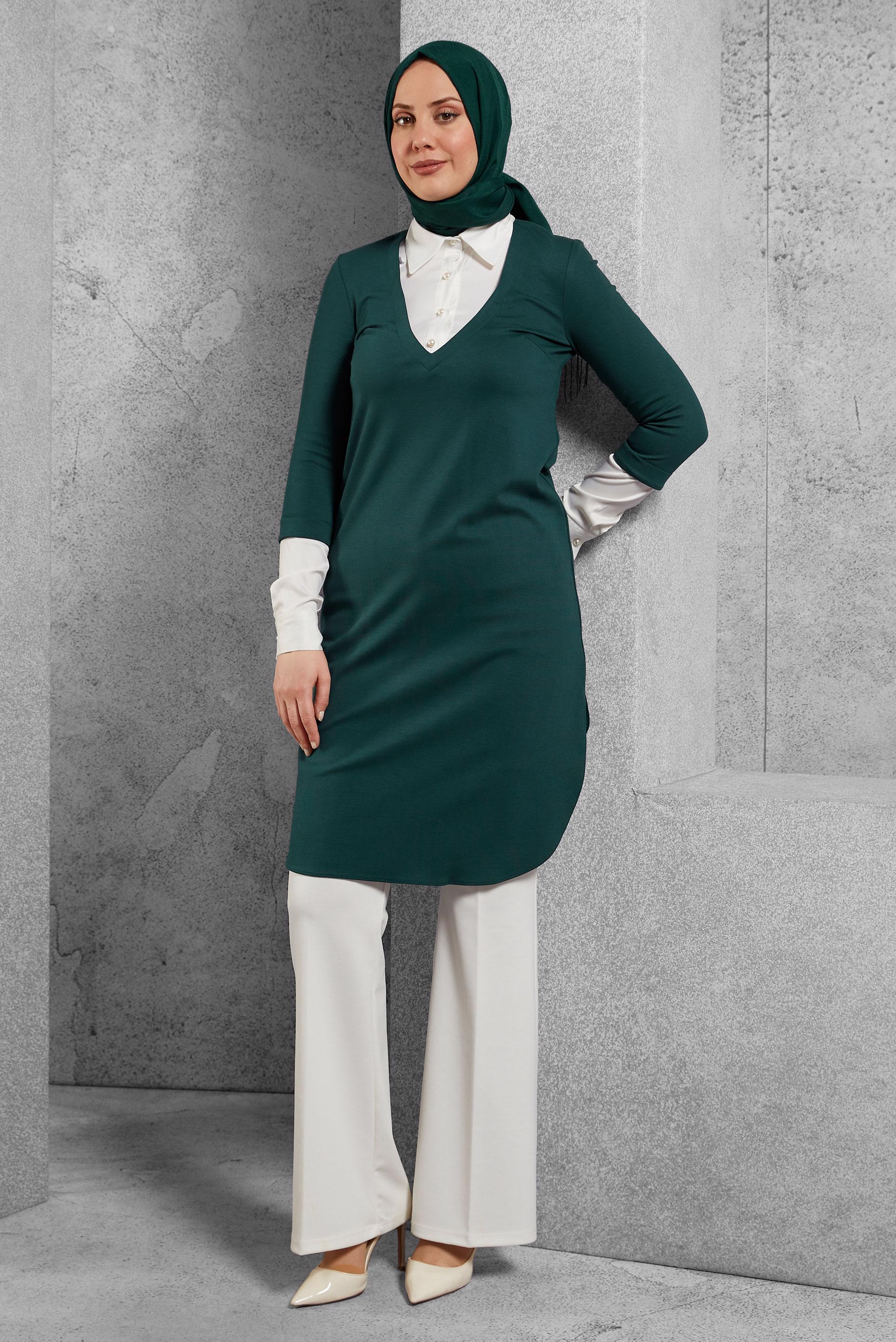 Tesettür giyim YEŞİL GÖMLEK YAKA TUNİK 4484
