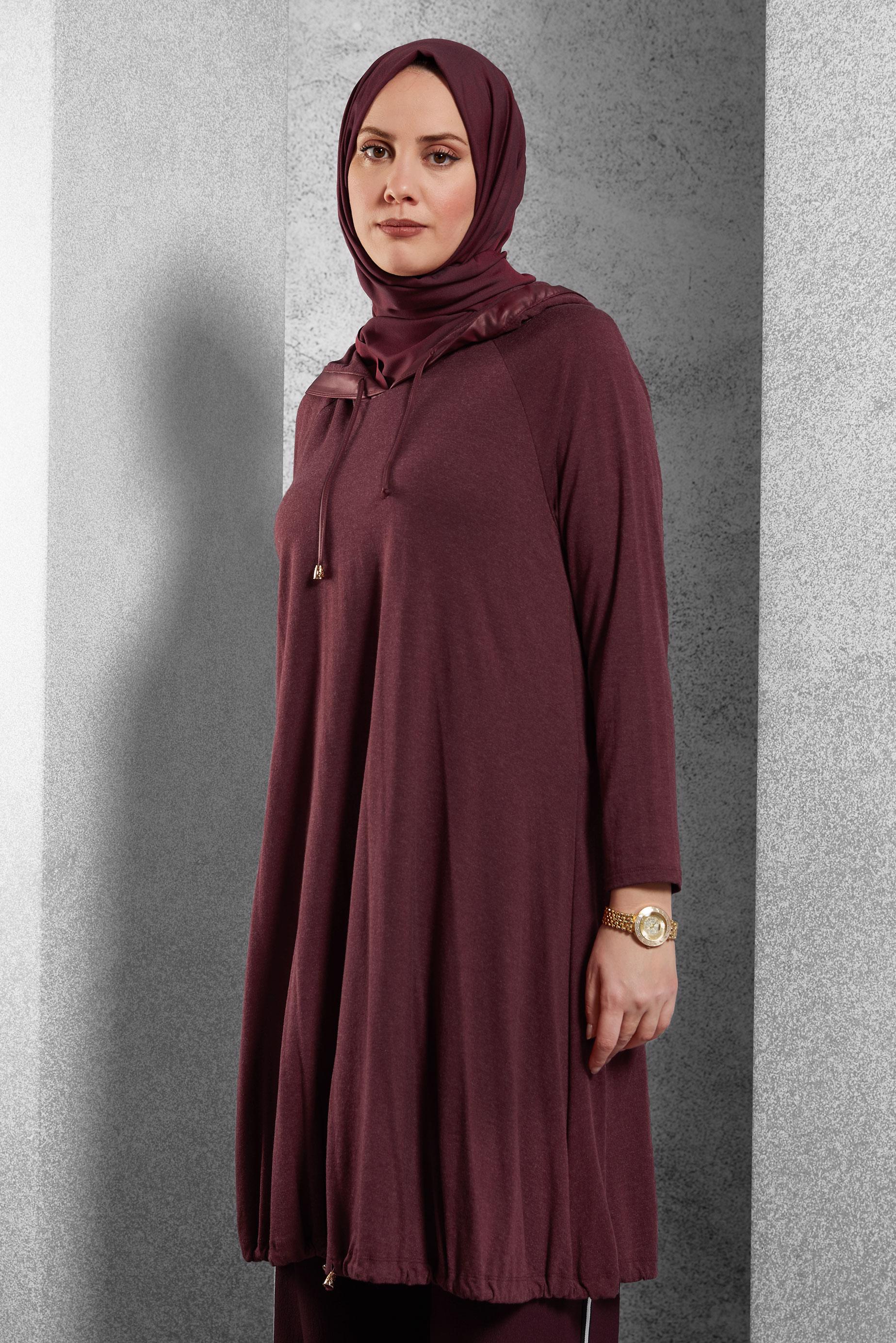 Tesettür giyim BORDO KAPÜŞONLU TUNİK 4486