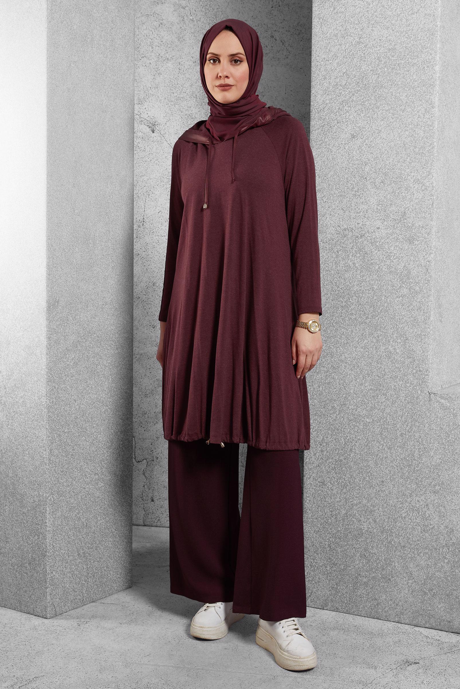Tesettür giyim BORDO KAPÜŞONLU TUNİK 4486
