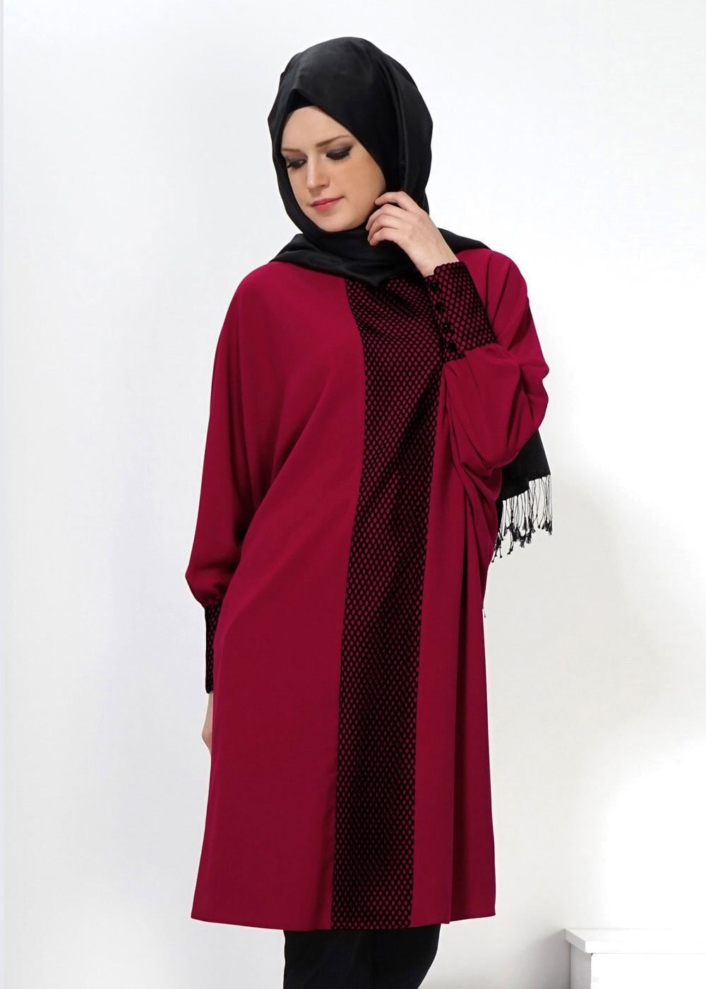 Tesettür giyim BORDO YARASA KOL TUNİK 4487