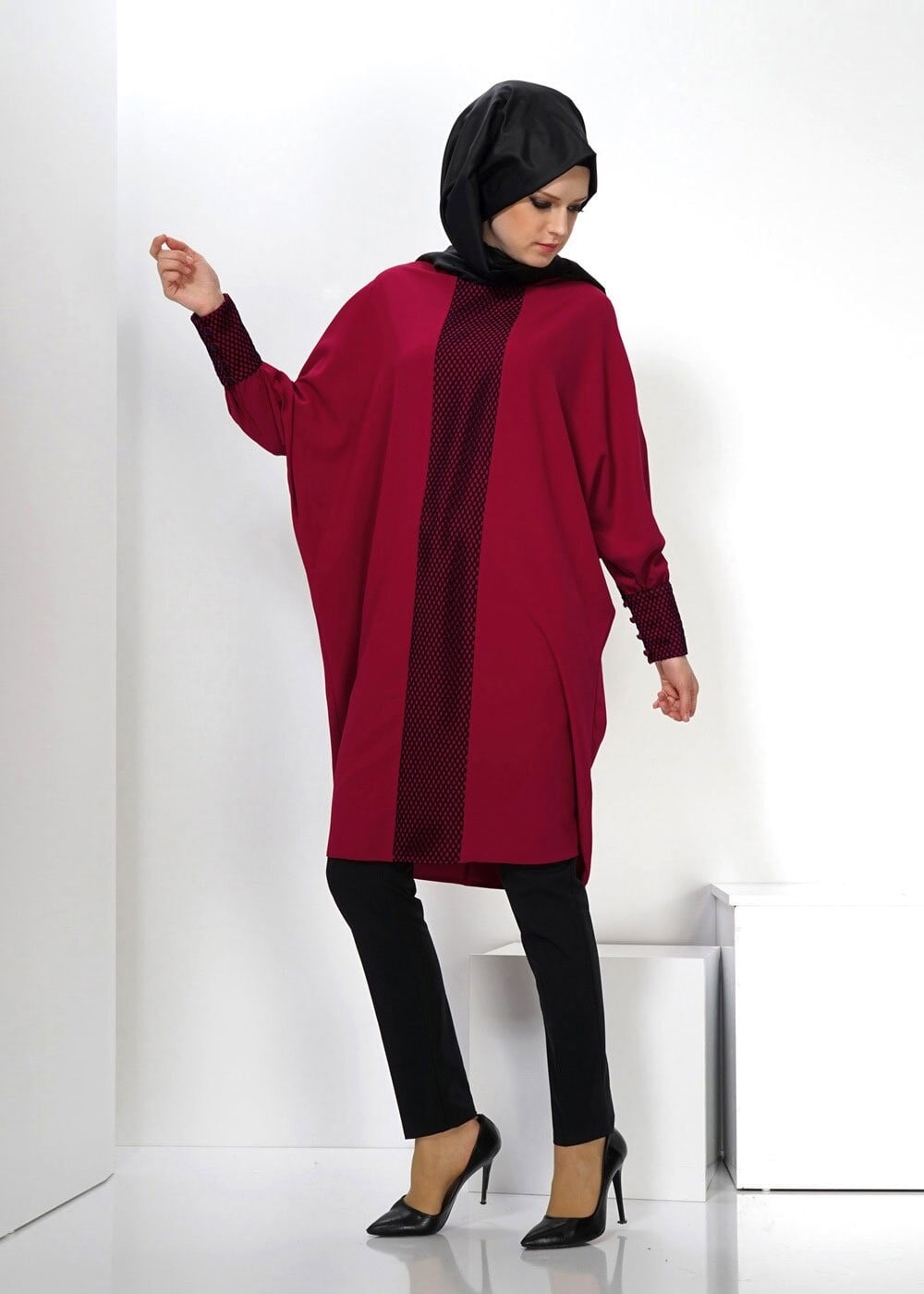 Tesettür giyim BORDO YARASA KOL TUNİK 4487