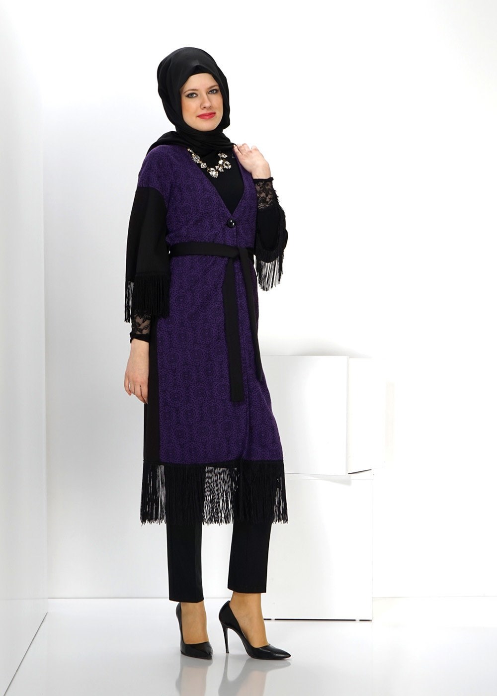 Tesettür giyim MOR PÜSKÜL DETAYLI TUNİK 4492