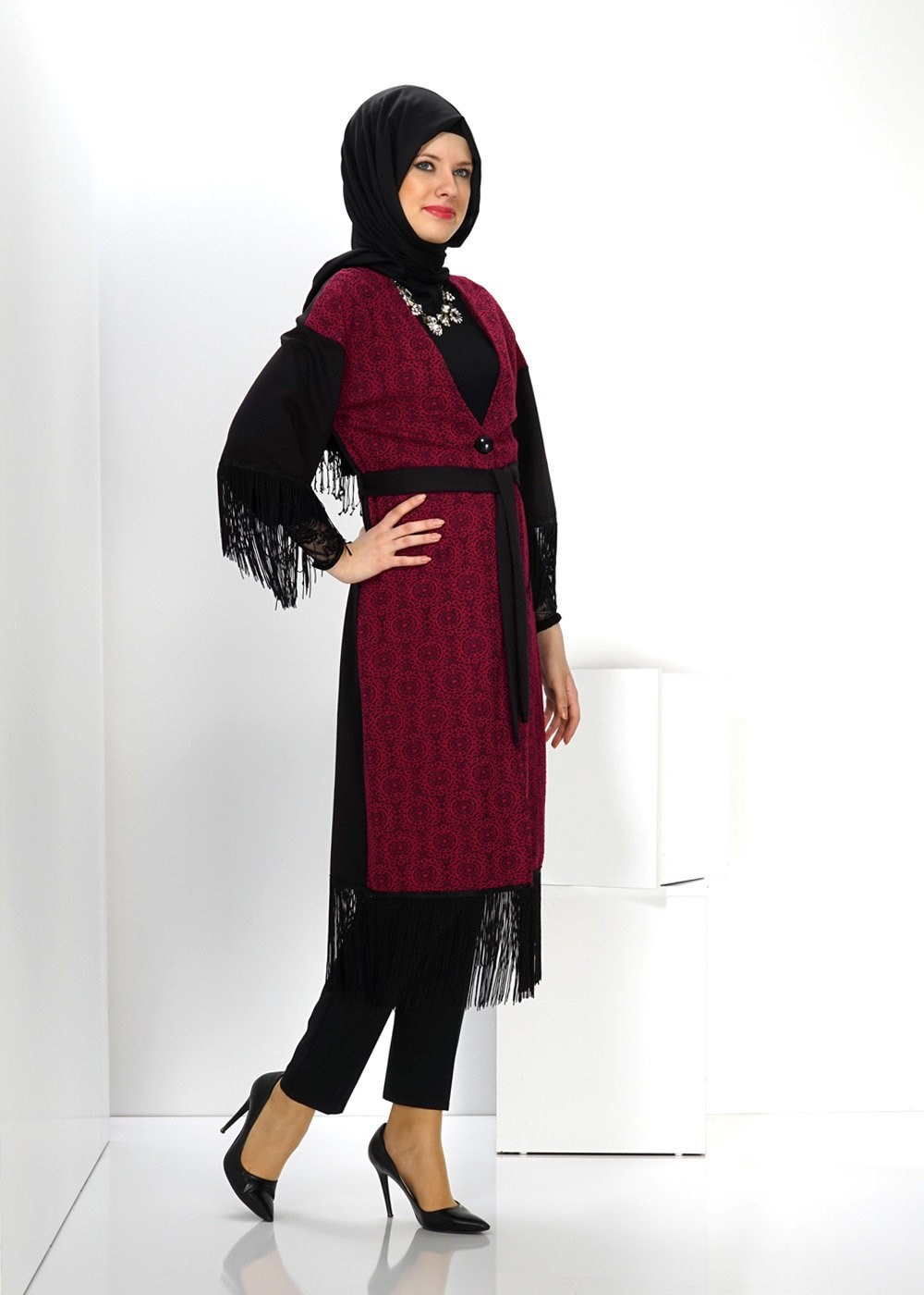 Tesettür giyim BORDO PÜSKÜL DETAYLI TUNİK 4492