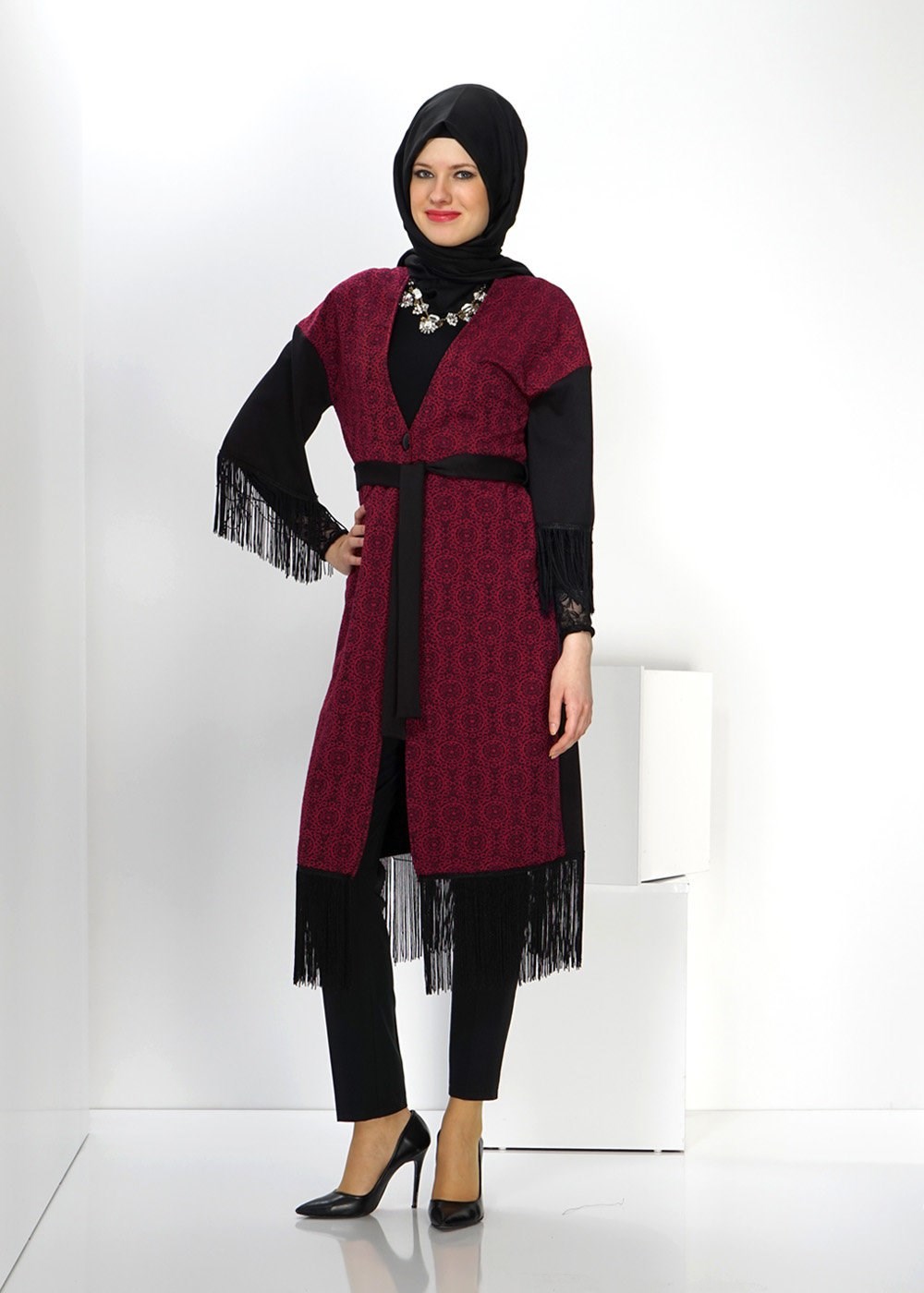 Tesettür giyim BORDO PÜSKÜL DETAYLI TUNİK 4492