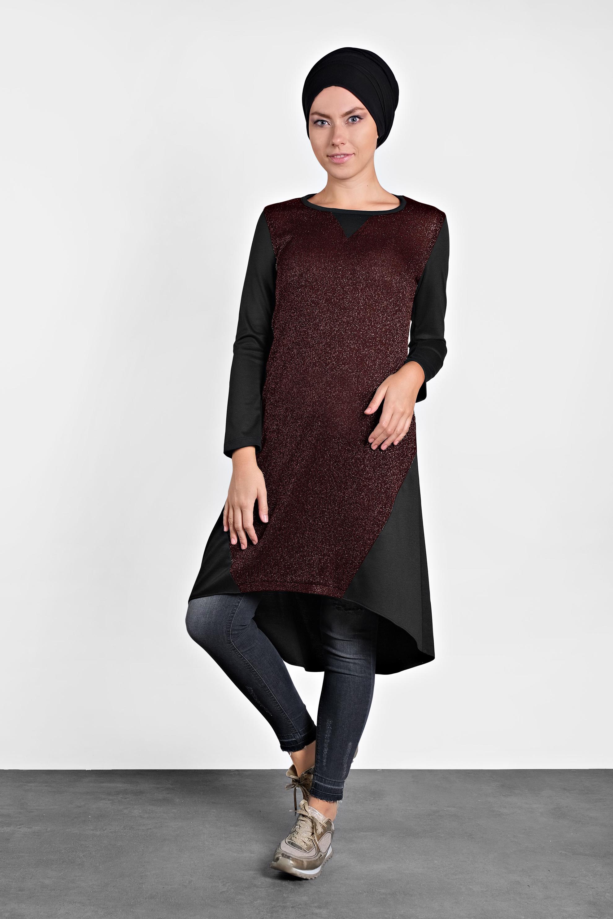 Tesettür giyim BORDO ASİMETRİK KESİM SİMLİ TUNİK  4512 