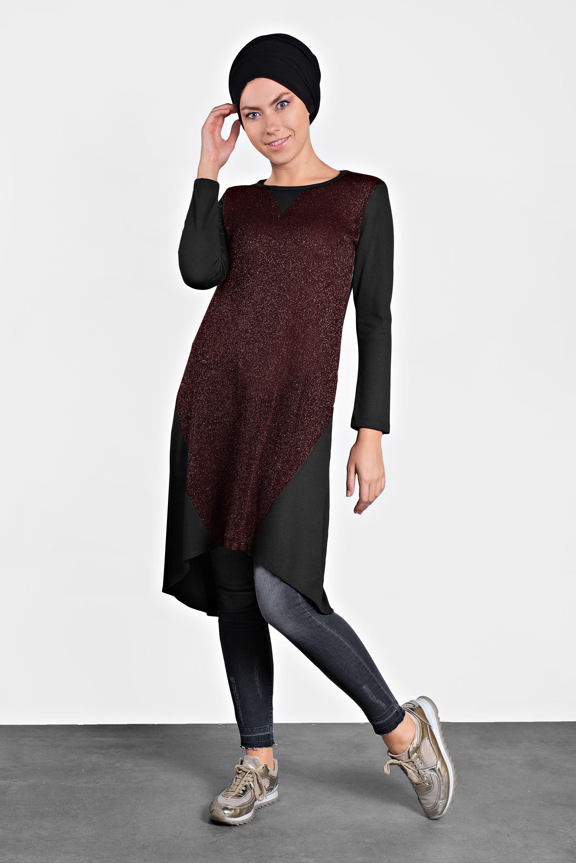 Tesettür giyim BORDO ASİMETRİK KESİM SİMLİ TUNİK  4512 