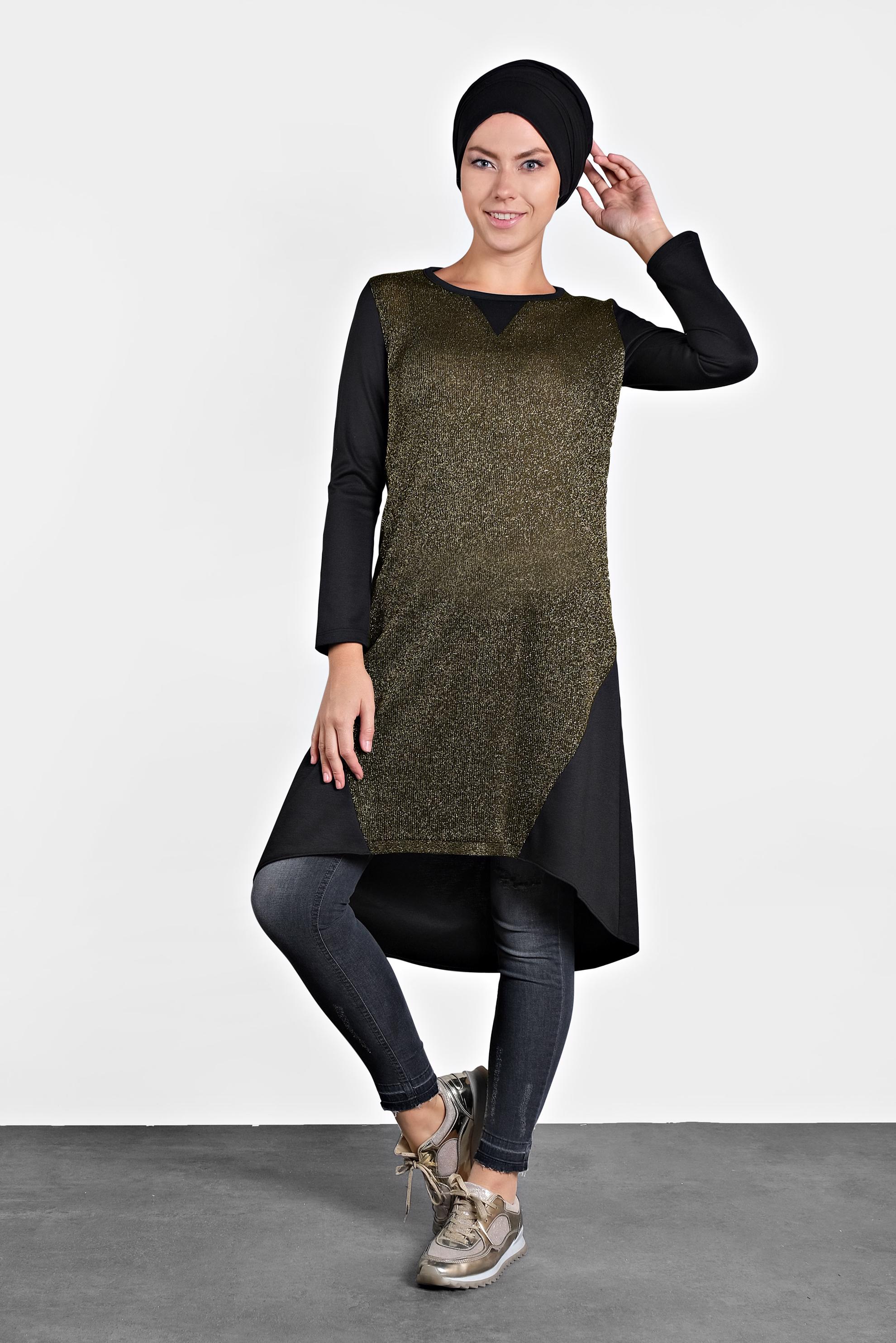 Tesettür giyim ALTIN ASİMETRİK KESİM SİMLİ TUNİK  4512 