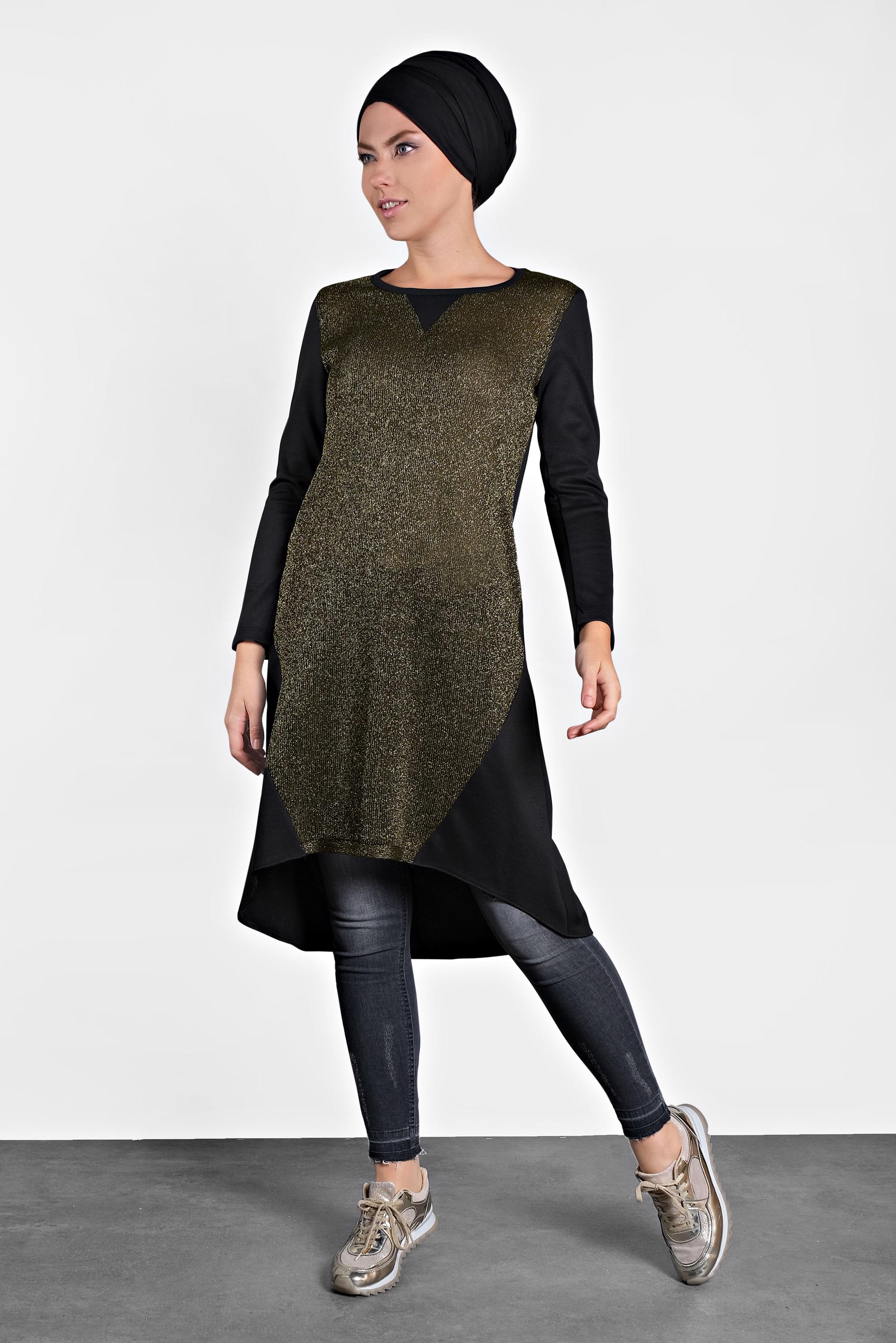 Tesettür giyim ALTIN ASİMETRİK KESİM SİMLİ TUNİK  4512 