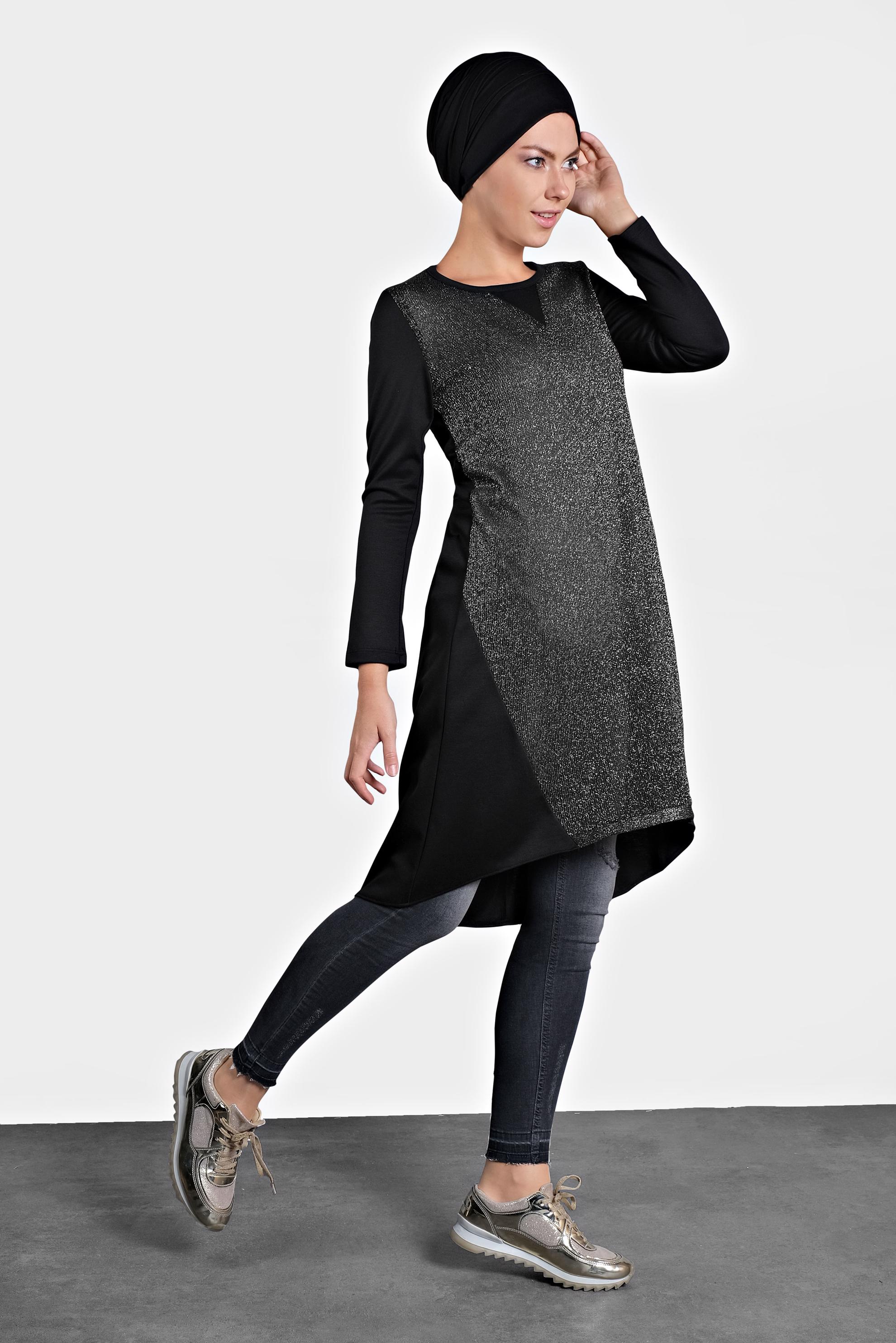 Tesettür giyim GÜMÜŞ ASİMETRİK KESİM SİMLİ TUNİK  4512 