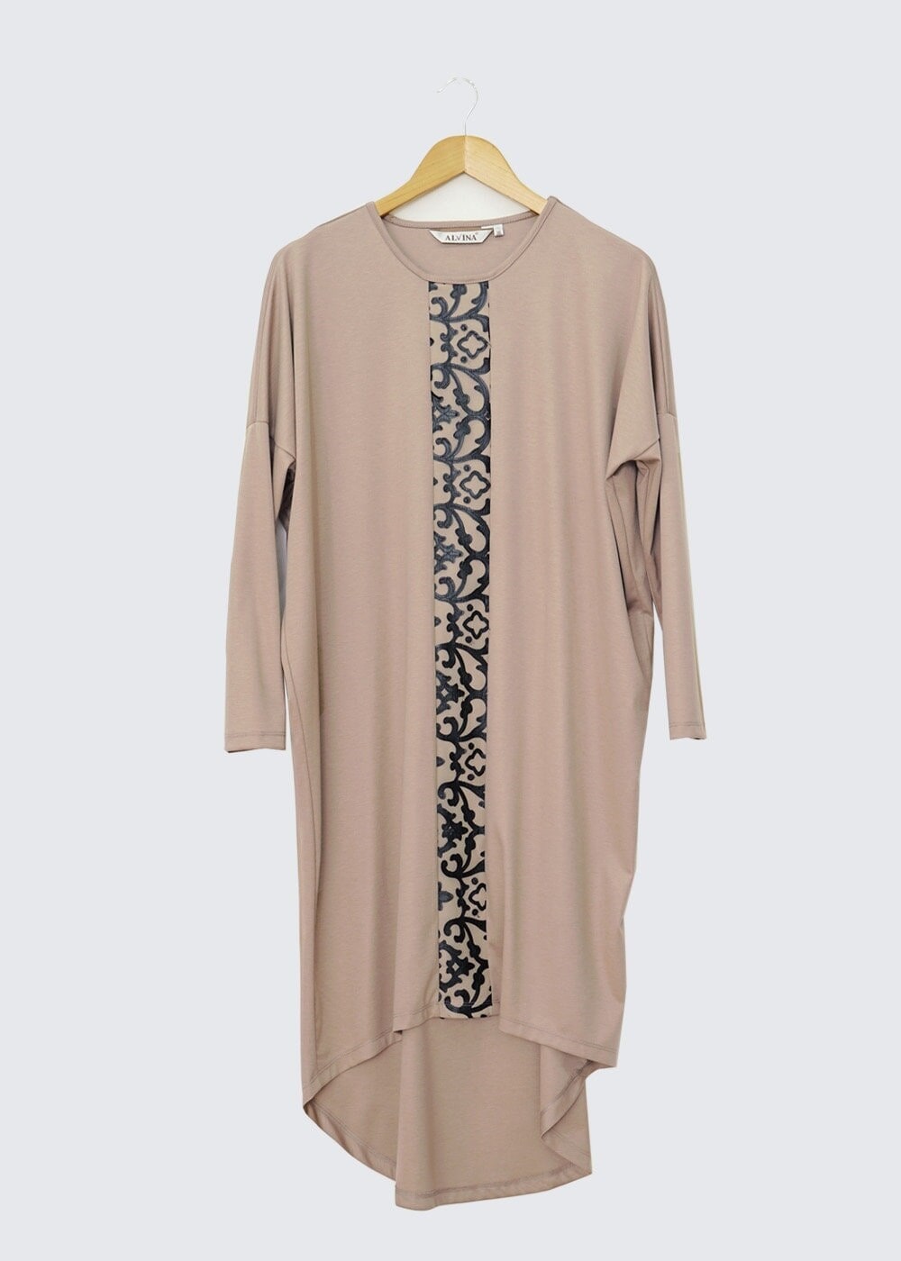 Tesettür giyim BEJ DESENLİ ASİMETRİK KESİM TUNİK 4529