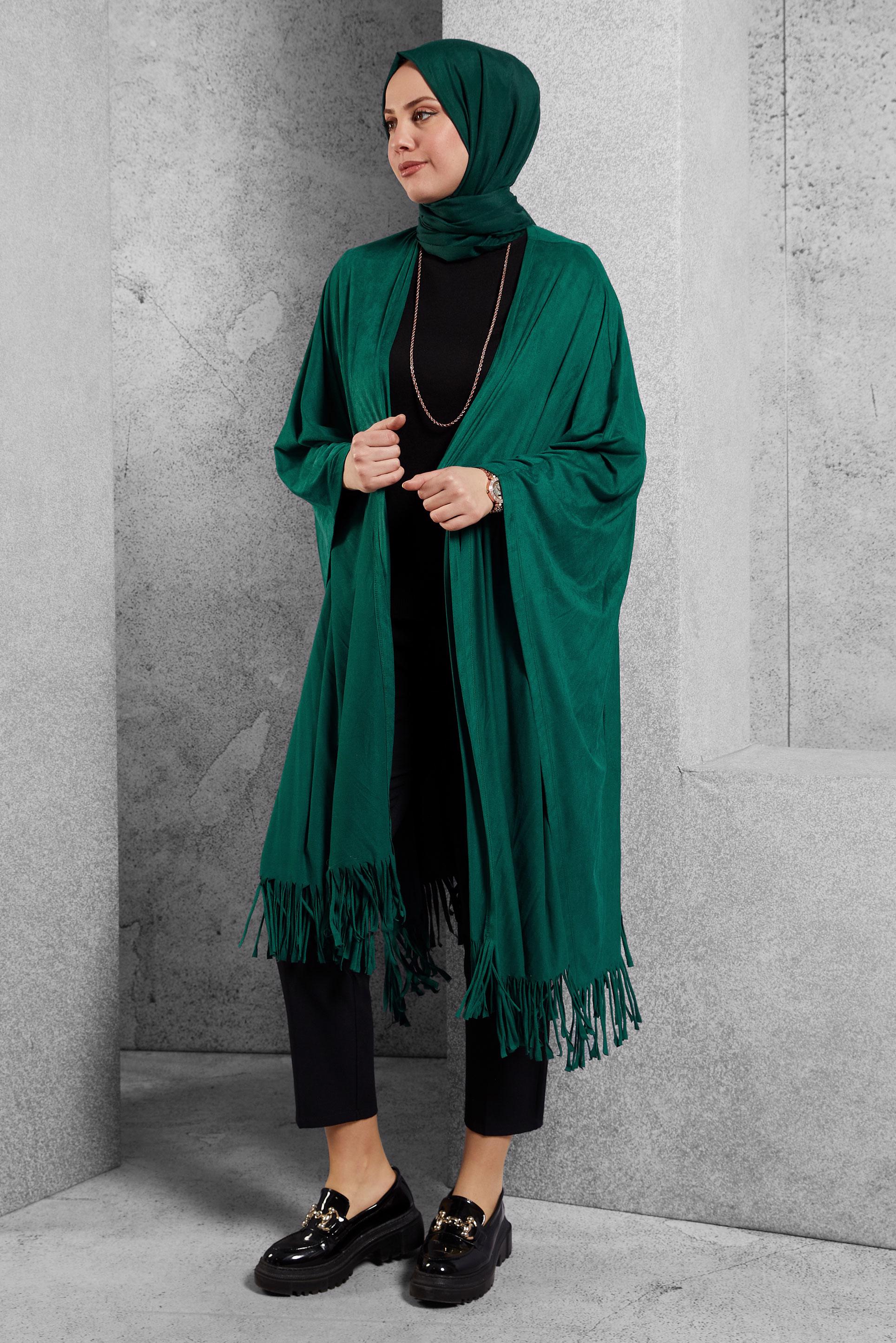 Tesettür giyim YEŞİL PÜSKÜL DETAYLI ŞAL TUNİK 4550