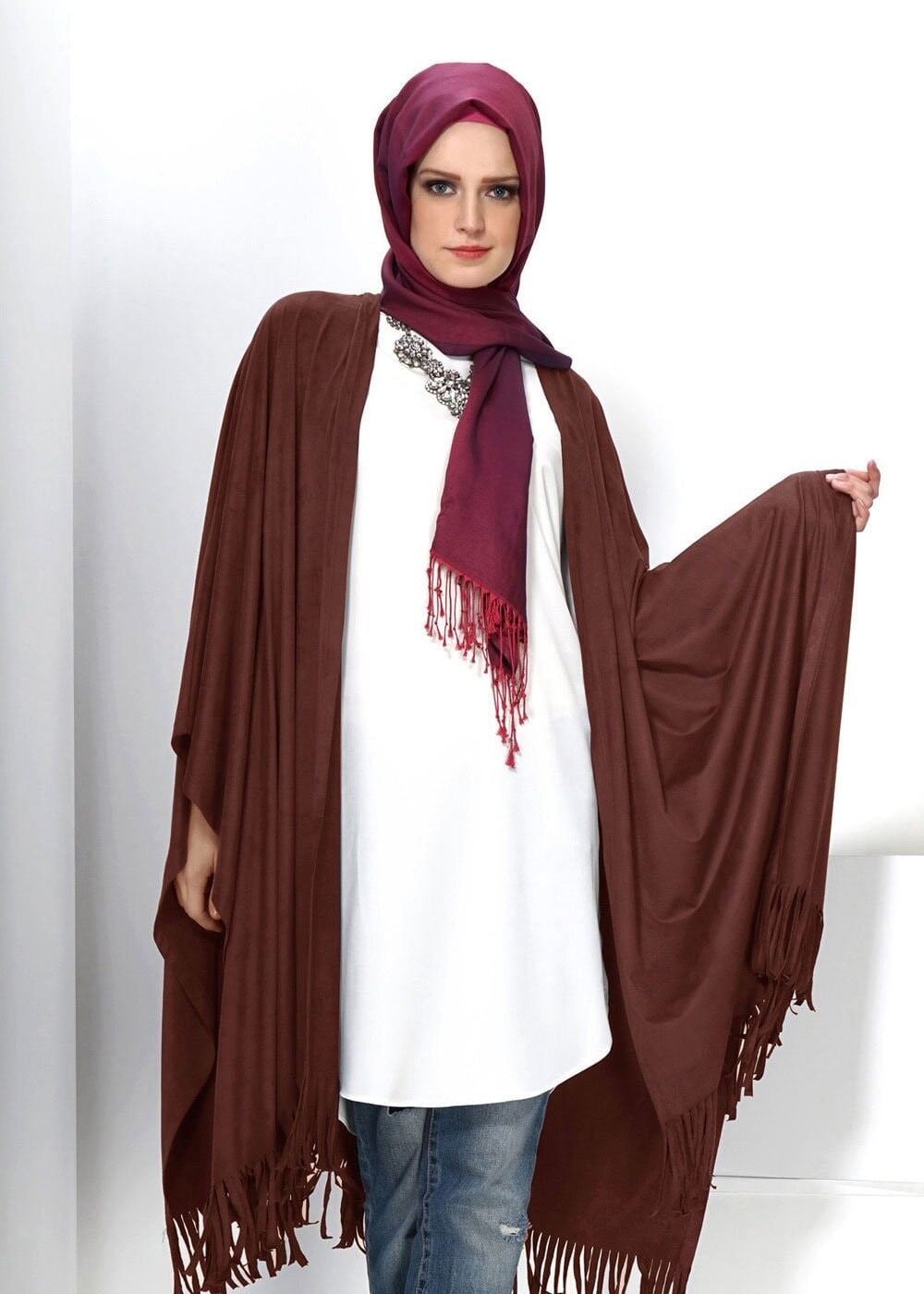 Tesettür giyim KAHVE PÜSKÜL DETAYLI ŞAL TUNİK 4550