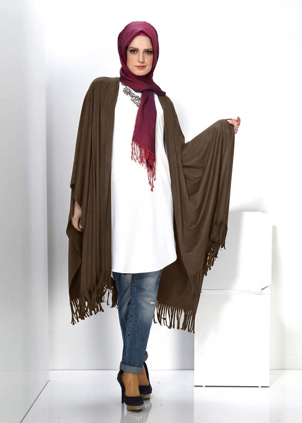 Tesettür giyim KAHVE PÜSKÜL DETAYLI ŞAL TUNİK 4550