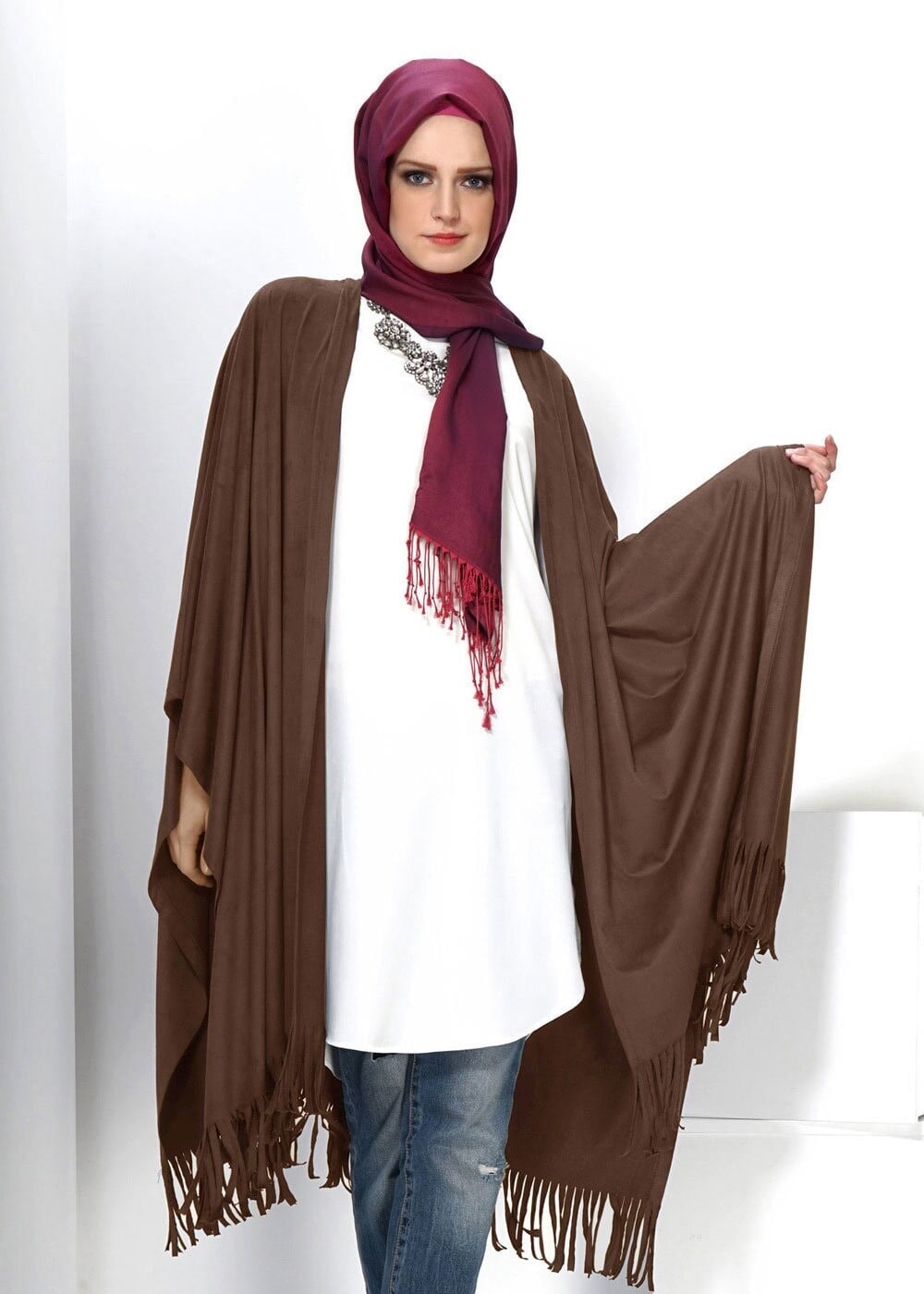 Tesettür giyim VİZON PÜSKÜL DETAYLI ŞAL TUNİK 4550