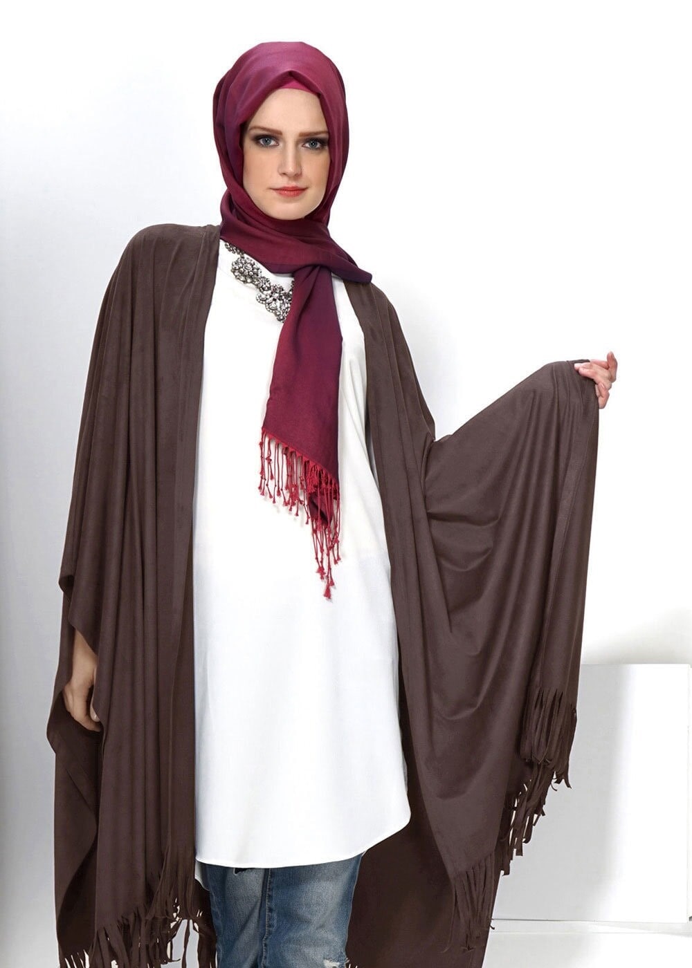 Tesettür giyim VİZON PÜSKÜL DETAYLI ŞAL TUNİK 4550