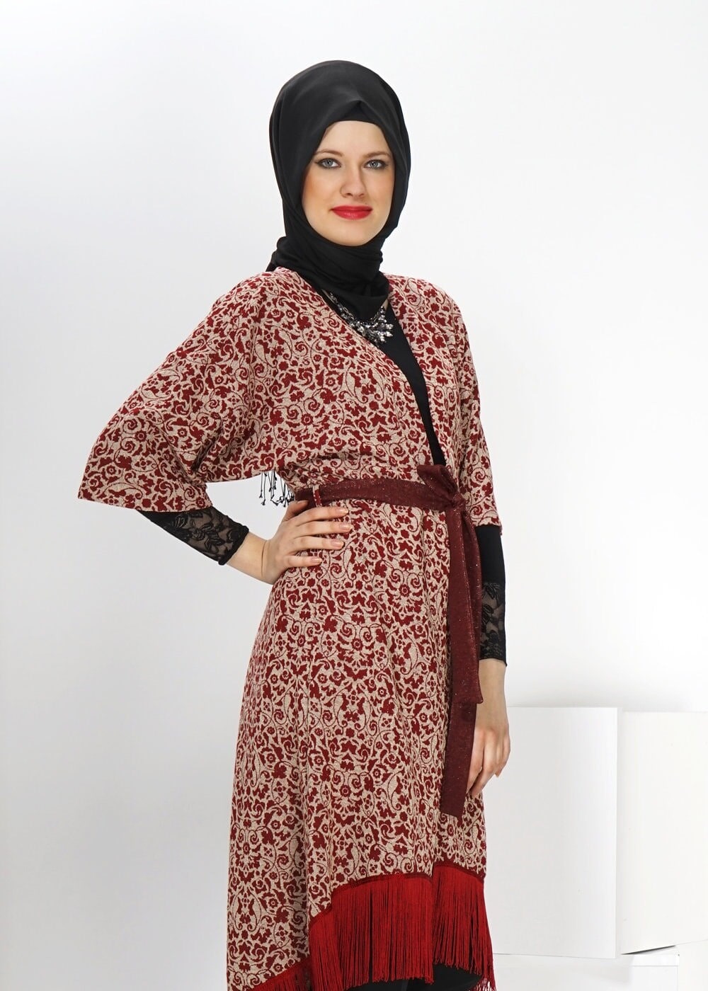 Tesettür giyim BORDO PÜSKÜL DETAYLI TUNİK 4556