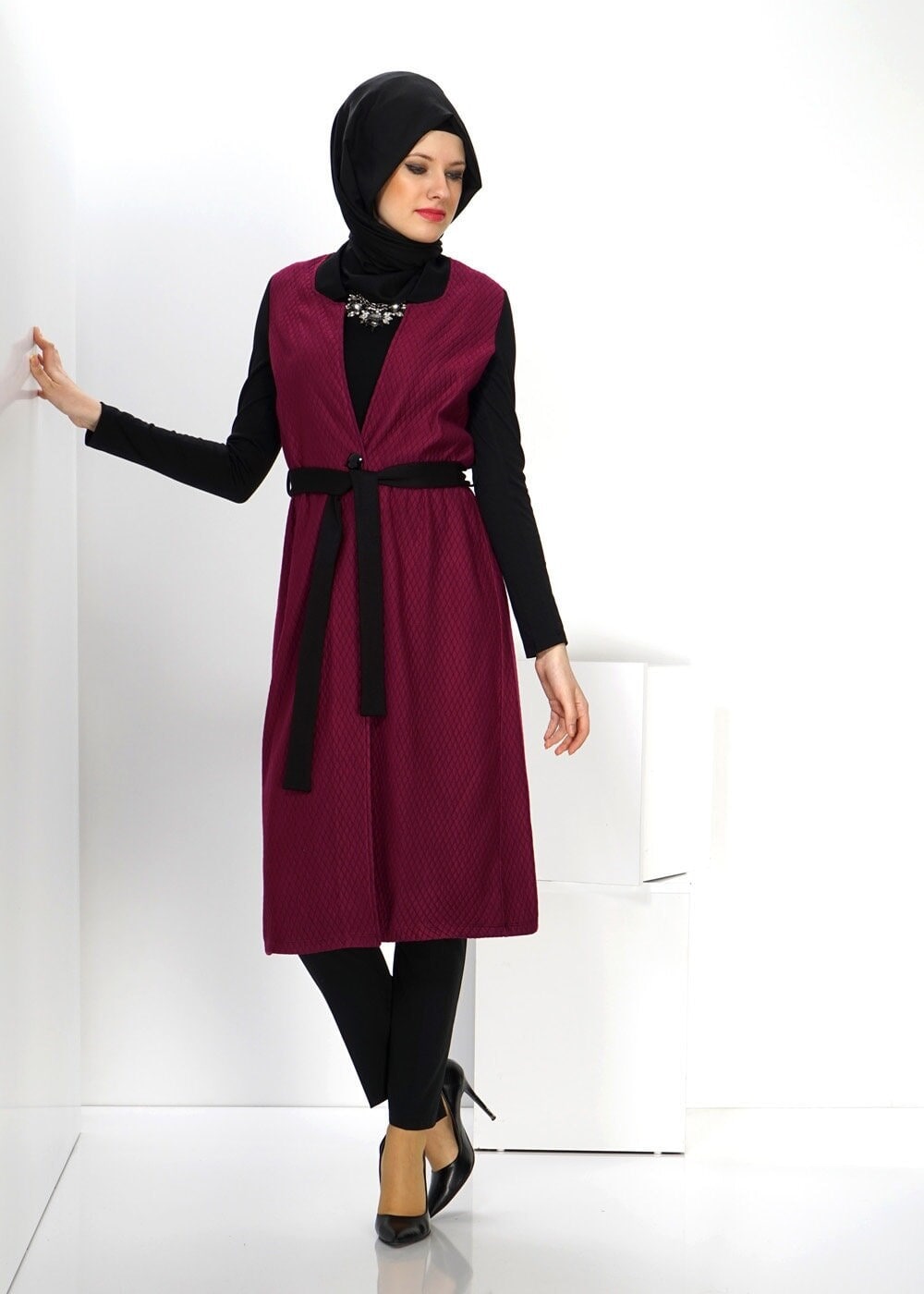 Tesettür giyim BORDO DÜĞME DETAYLI TUNİK 4558 