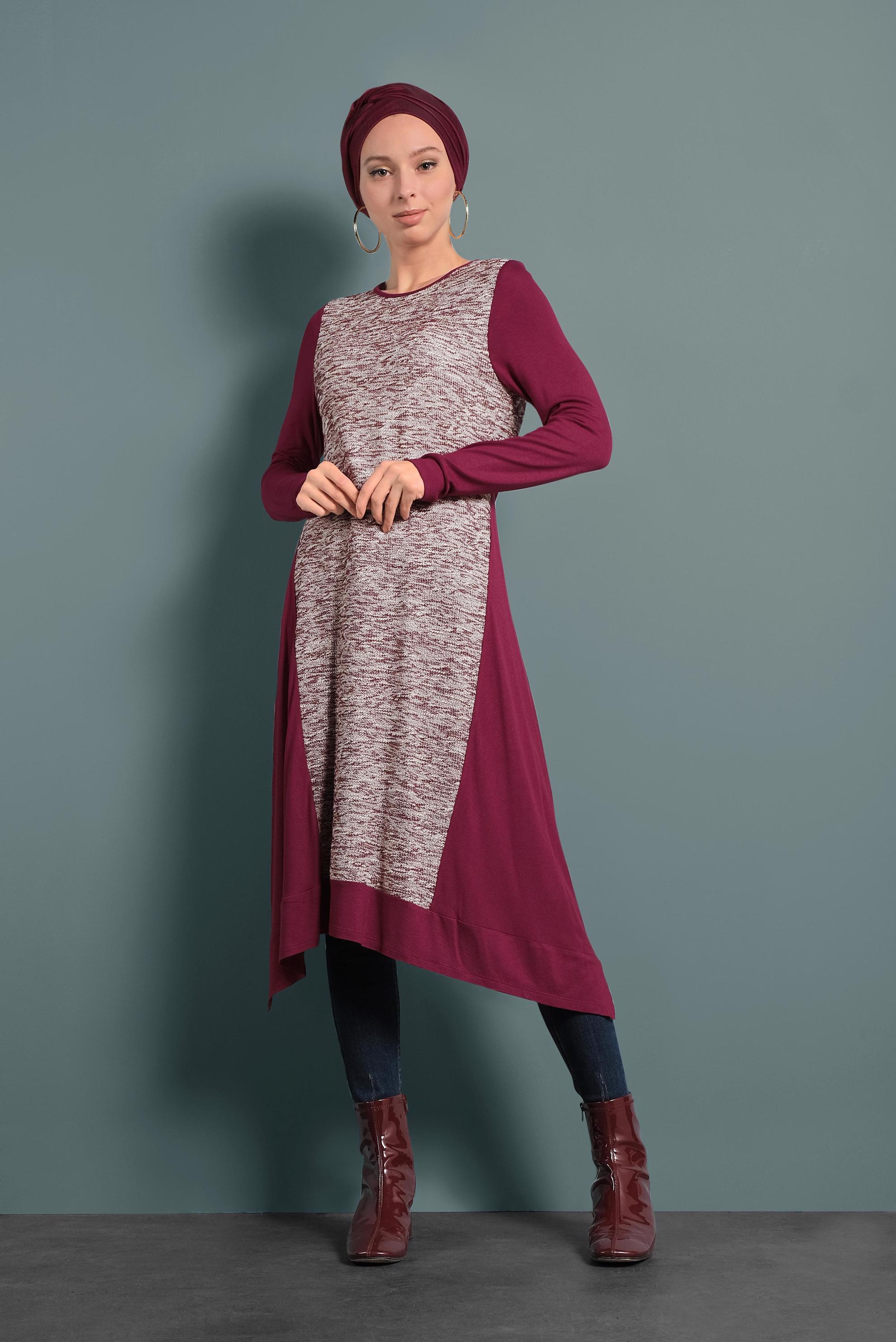 Tesettür giyim BORDO ASİMETRİK KESİM TUNİK 4560