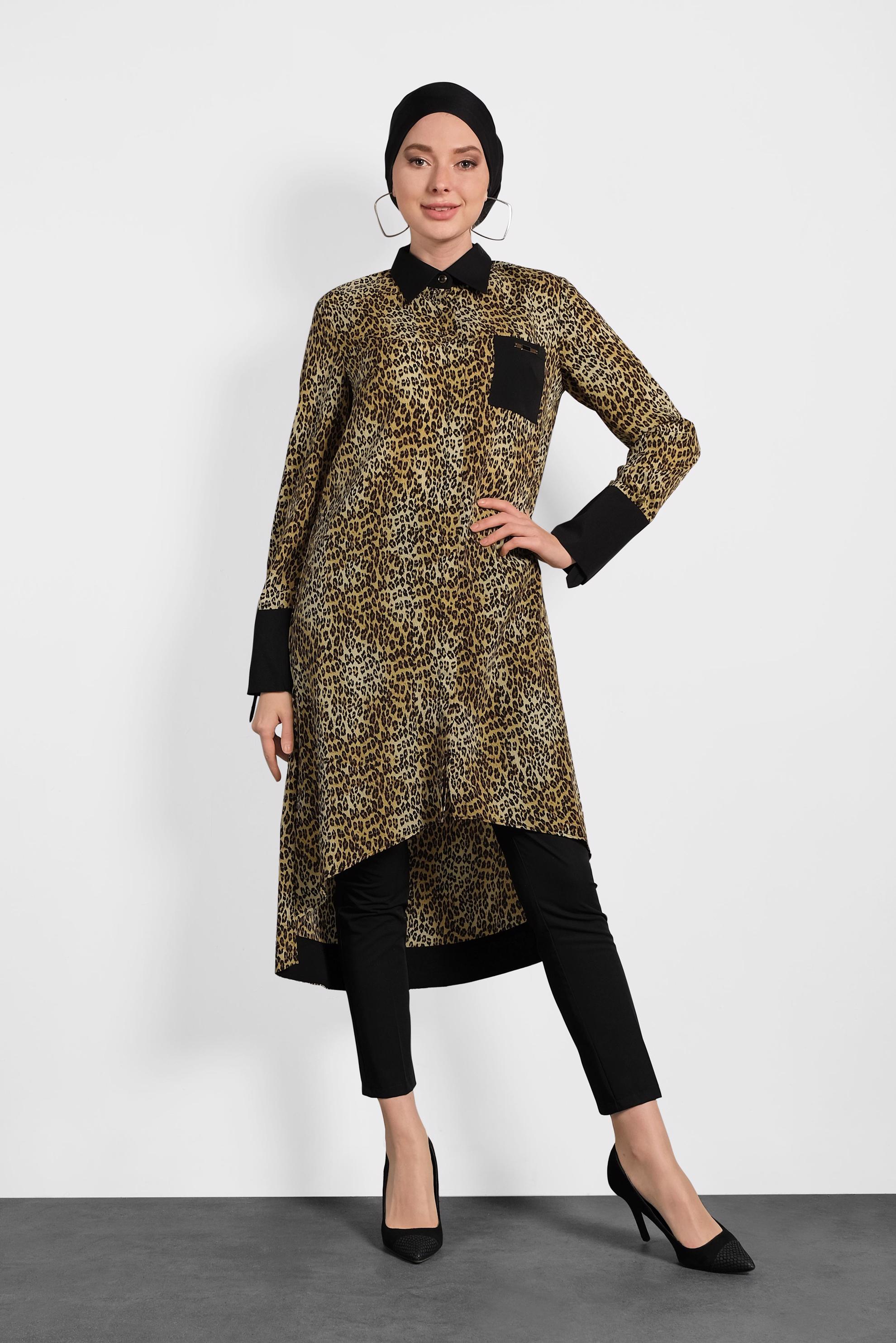 Tesettür giyim BEJ LEOPAR DESENLİ TUNİK 4407-1