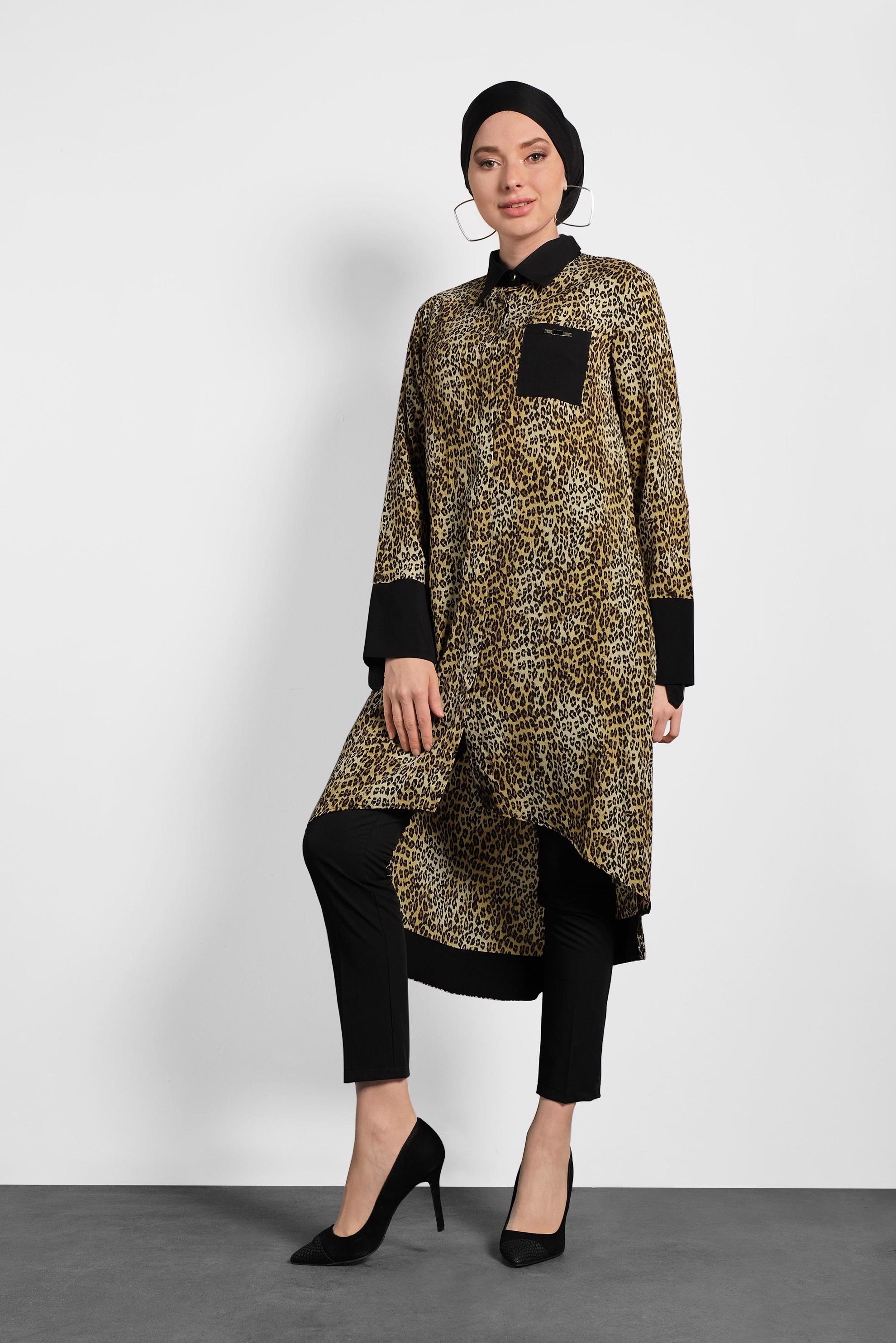 Tesettür giyim BEJ LEOPAR DESENLİ TUNİK 4407-1