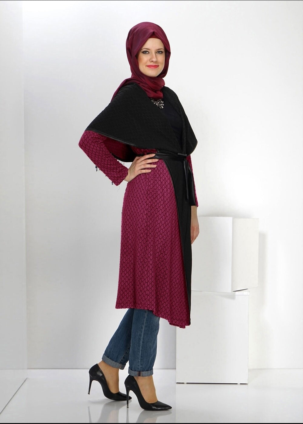 Tesettür giyim BORDO ŞAL YAKA TUNİK 4522-1