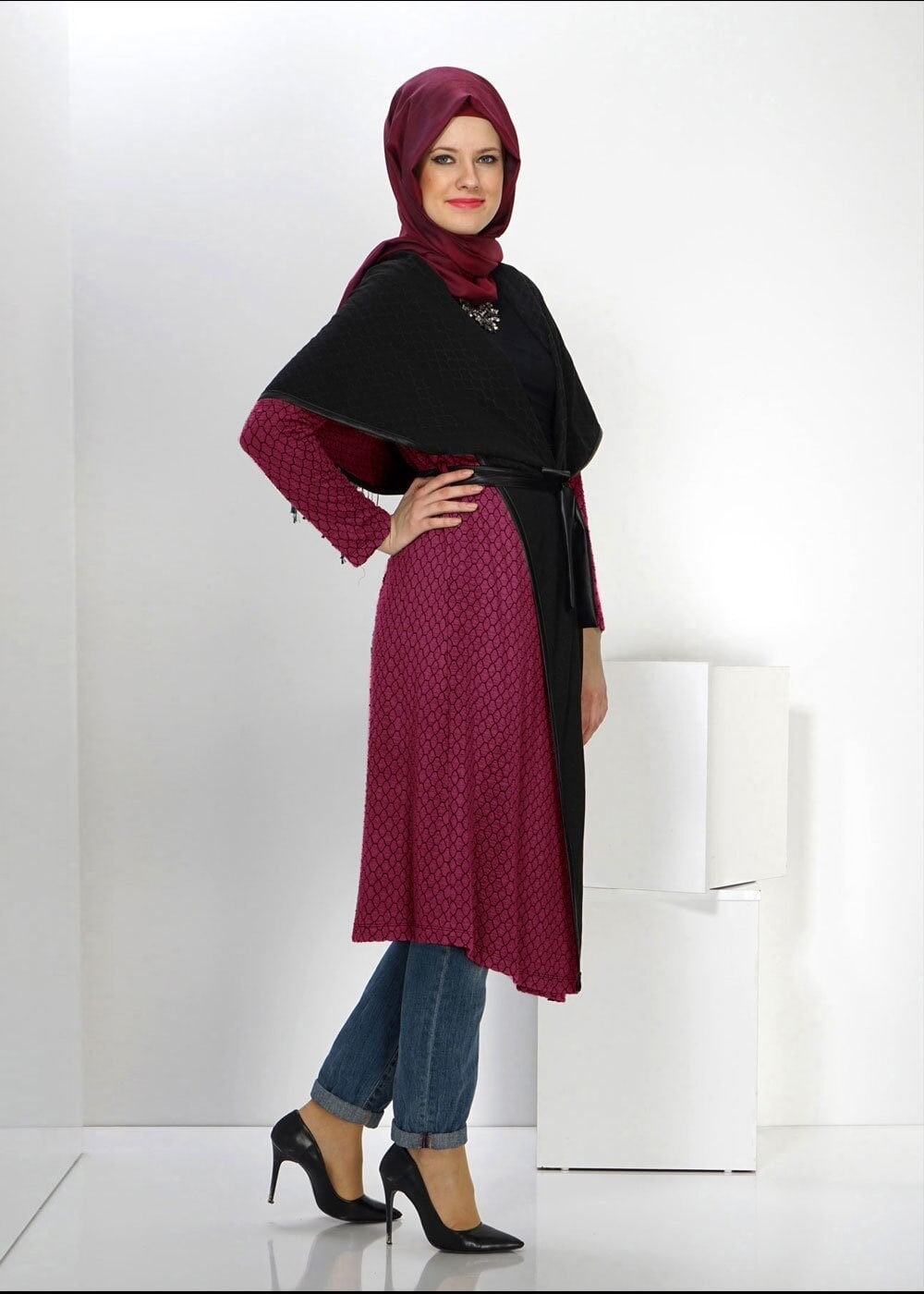 Tesettür giyim BORDO ŞAL YAKA TUNİK 4522-1