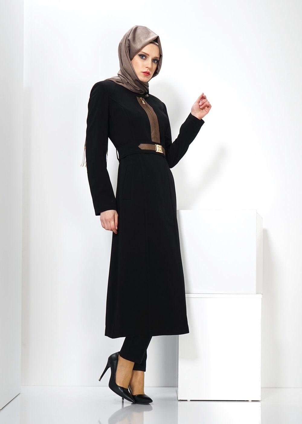 Tesettür giyim SİYAH FERMUAR DETAYLI TRENÇKOT 1324 