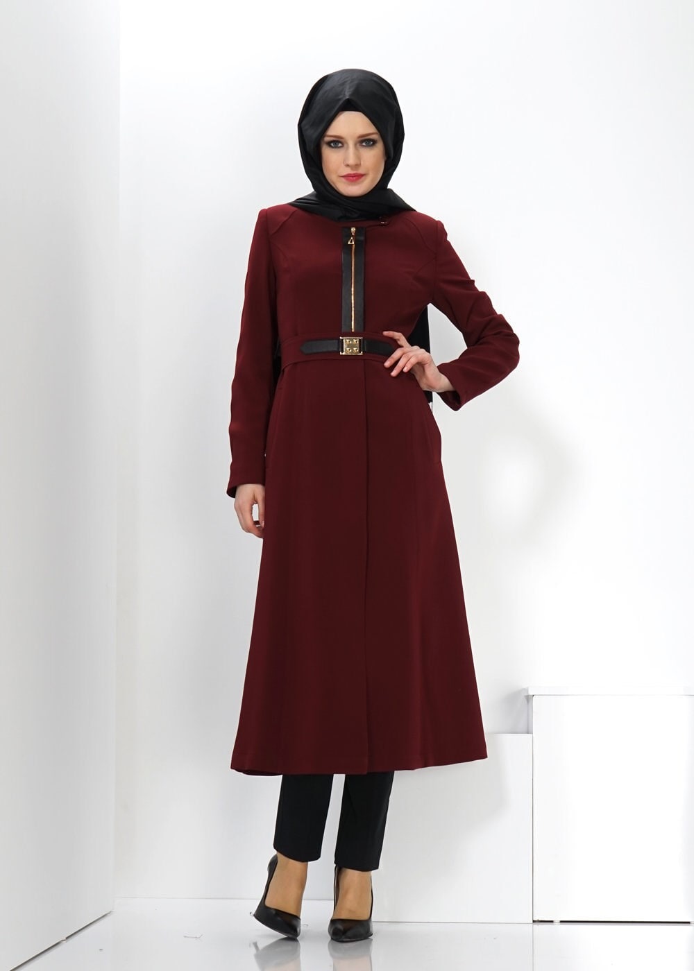 Tesettür giyim BORDO FERMUAR DETAYLI TRENÇKOT 1324 