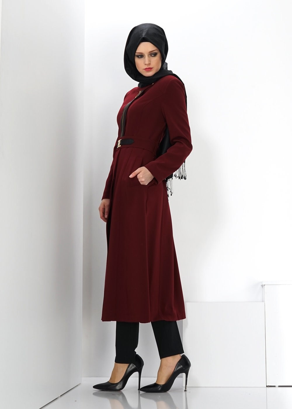 Tesettür giyim BORDO FERMUAR DETAYLI TRENÇKOT 1324 