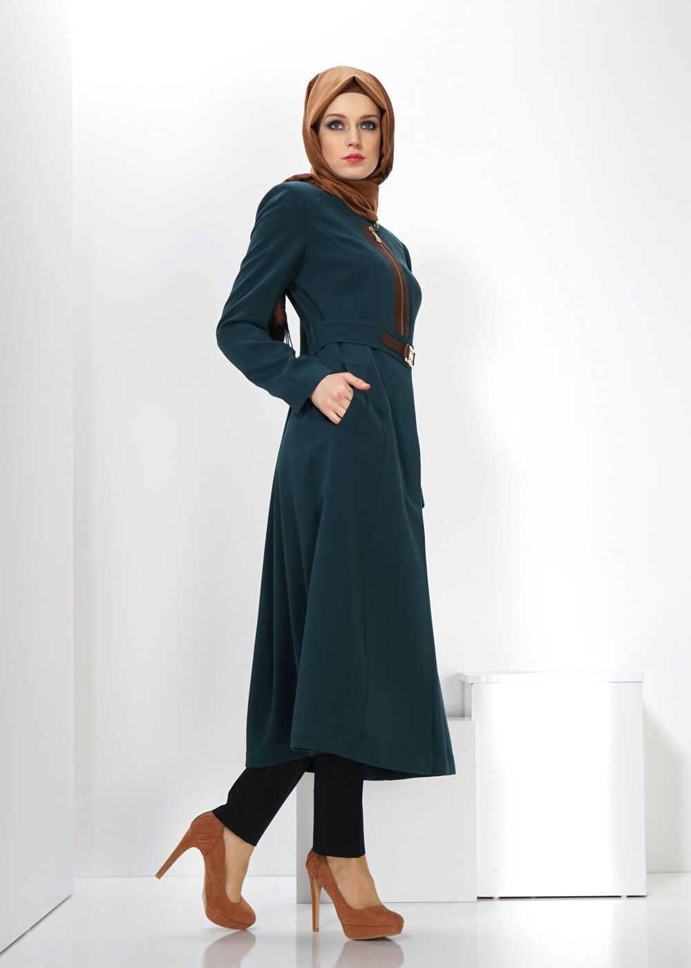 Tesettür giyim MAVİ FERMUAR DETAYLI TRENÇKOT 1324 