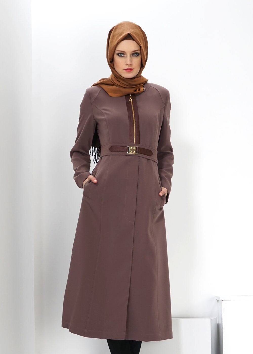 Tesettür giyim VİZON FERMUAR DETAYLI TRENÇKOT 1324 