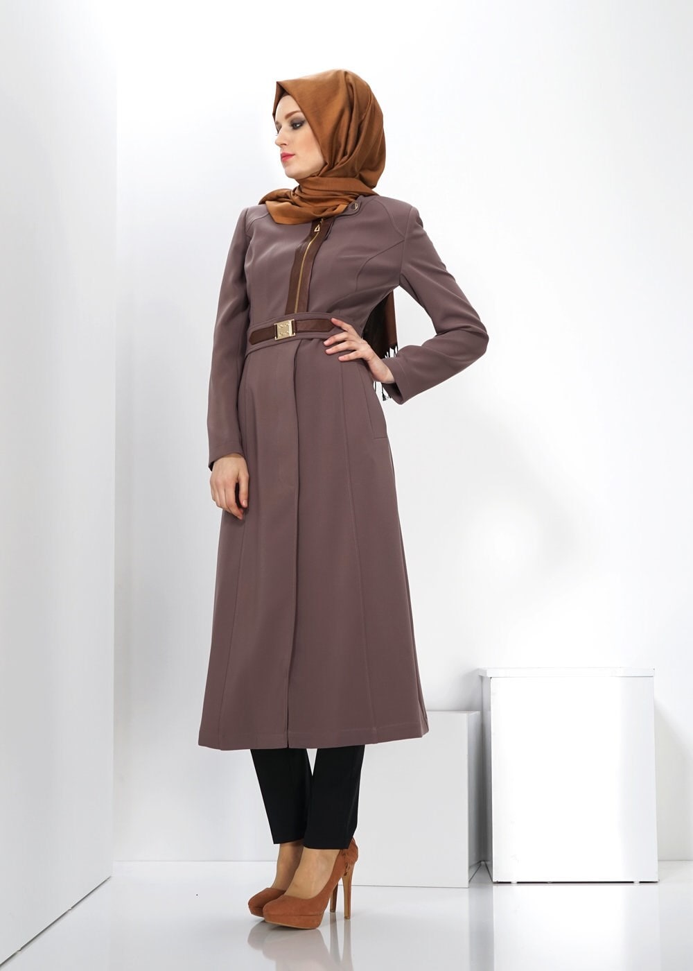 Tesettür giyim VİZON FERMUAR DETAYLI TRENÇKOT 1324 