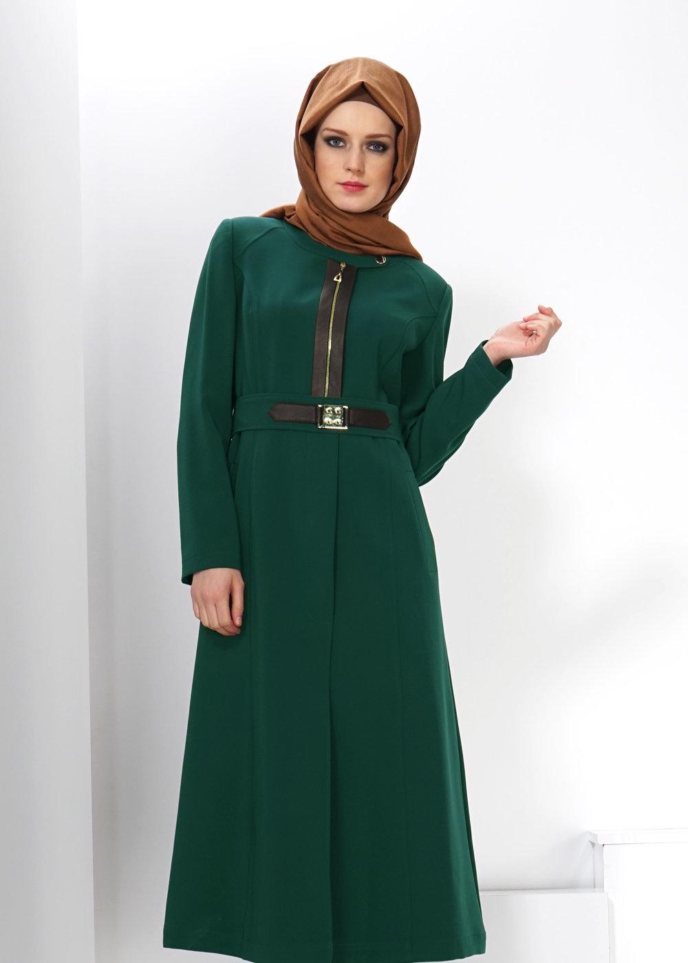 Tesettür giyim YEŞİL FERMUAR DETAYLI TRENÇKOT 1324 